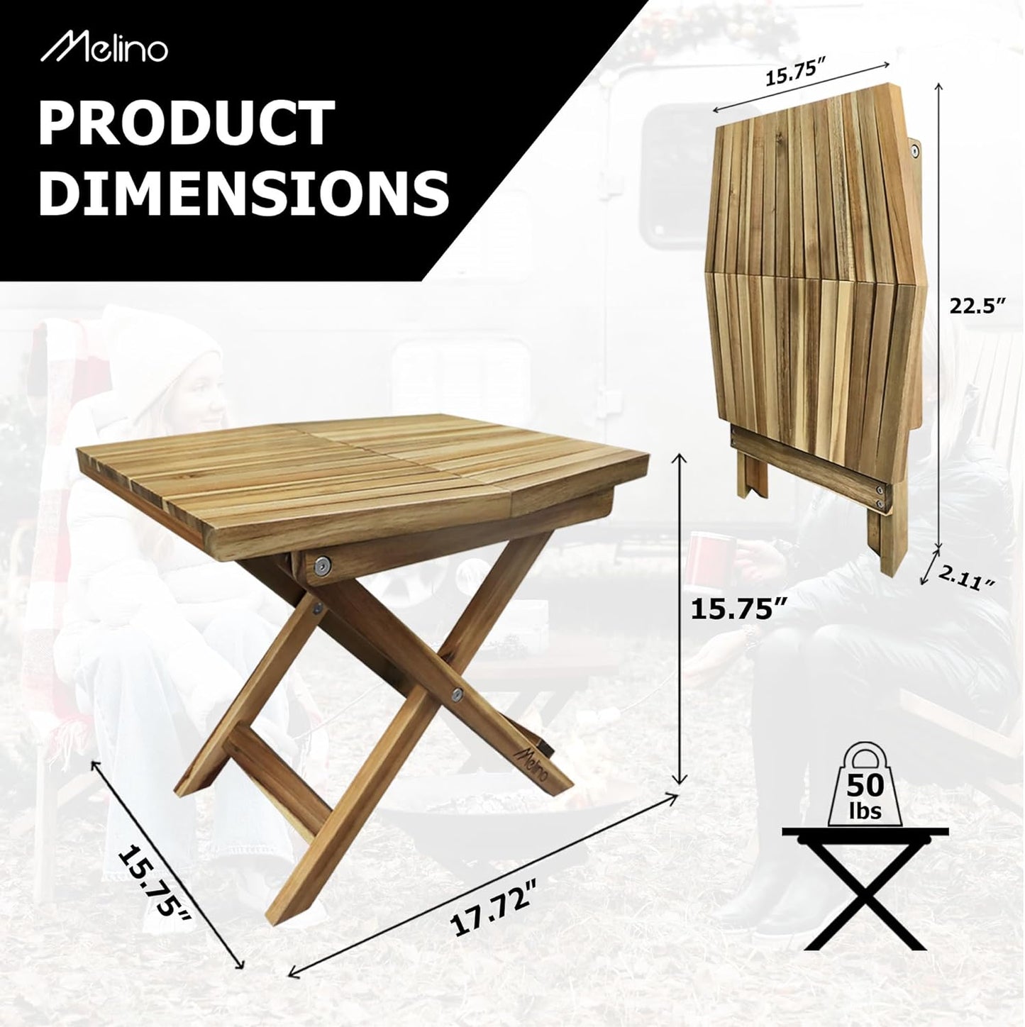 Melino Wooden Folding Outdoor Side Table, FSC Certified Acacia Weatherproof Side Tables, Wood Folding Small Table for Outdoor, Patio, Porch, Pool, Backyard, Garden, Balcony and Deck - Natural