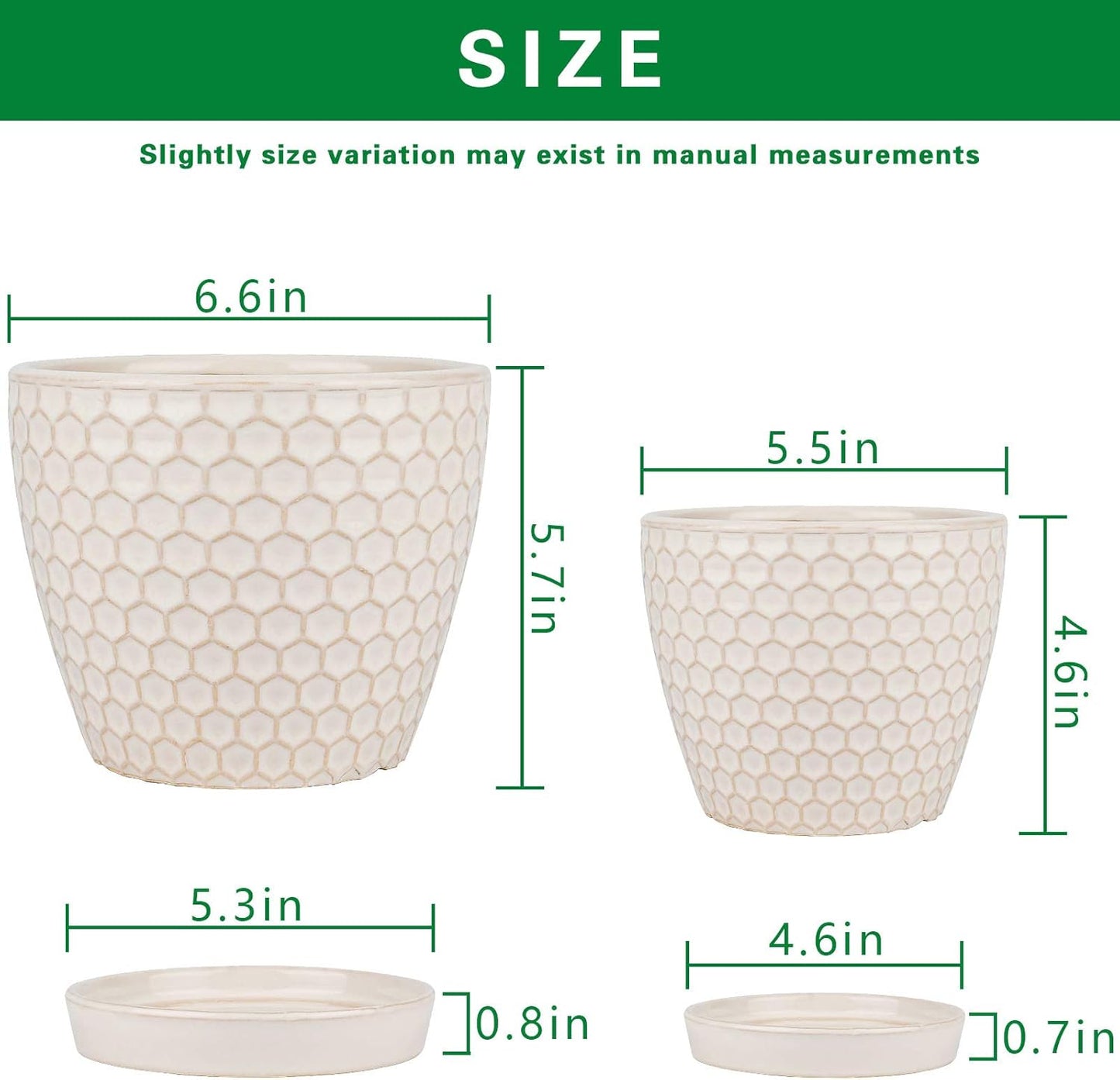 Docrin Ceramic Plant Pots Indoor, 6.6 + 5.5 Inch Flower Pots with Drainage Holes and Saucer for Plants, Set of 2, Milky White Honeycomb
