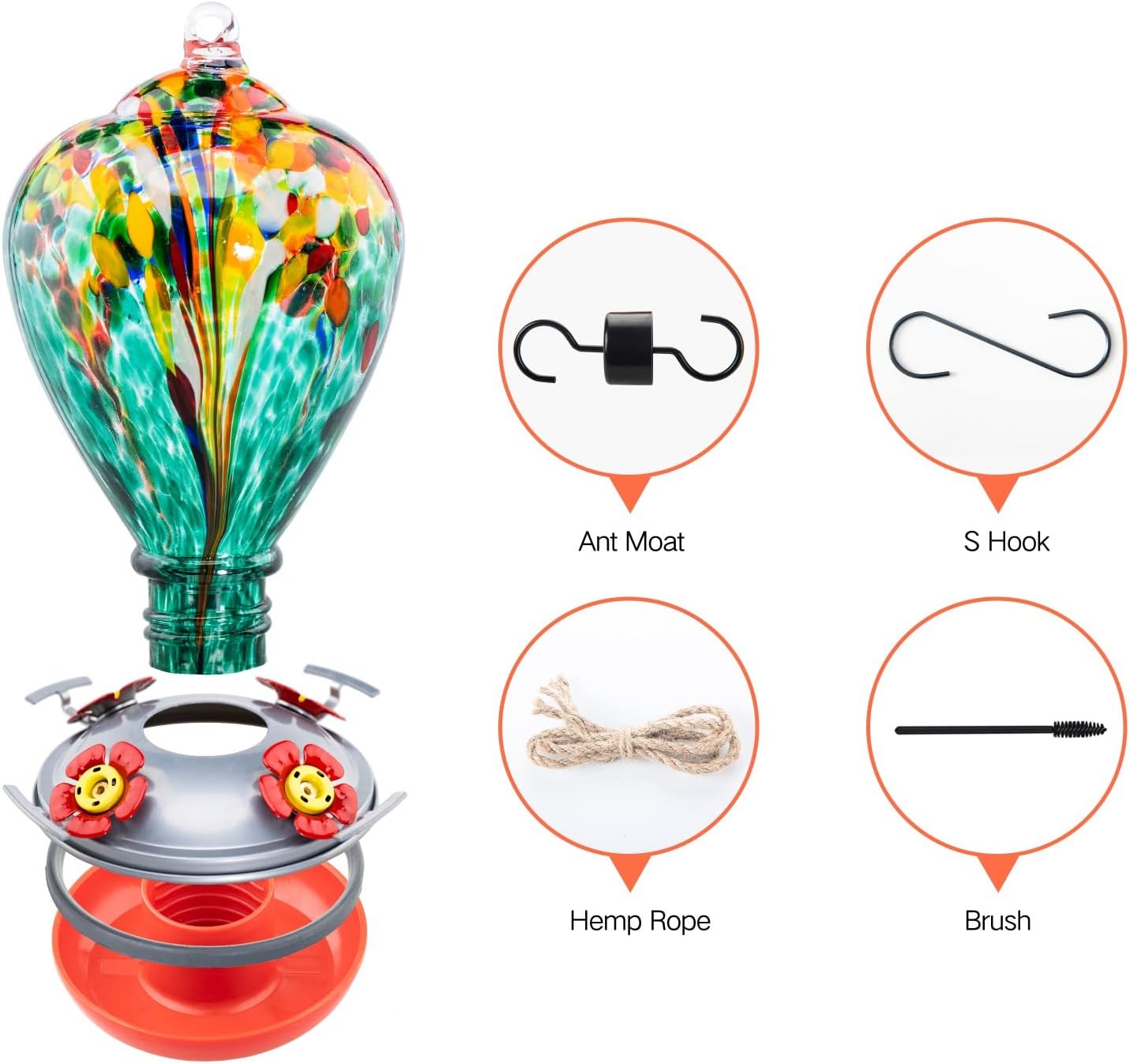 Muse Garden Hummingbird Feeders for Outdoors Hanging, Blown Glass Hummingbird Feeder, Gifts for Mom, Garden Decor for Outside, Unique Gifts Idea for Women, 34 Ounces, Turquoise Fireworks