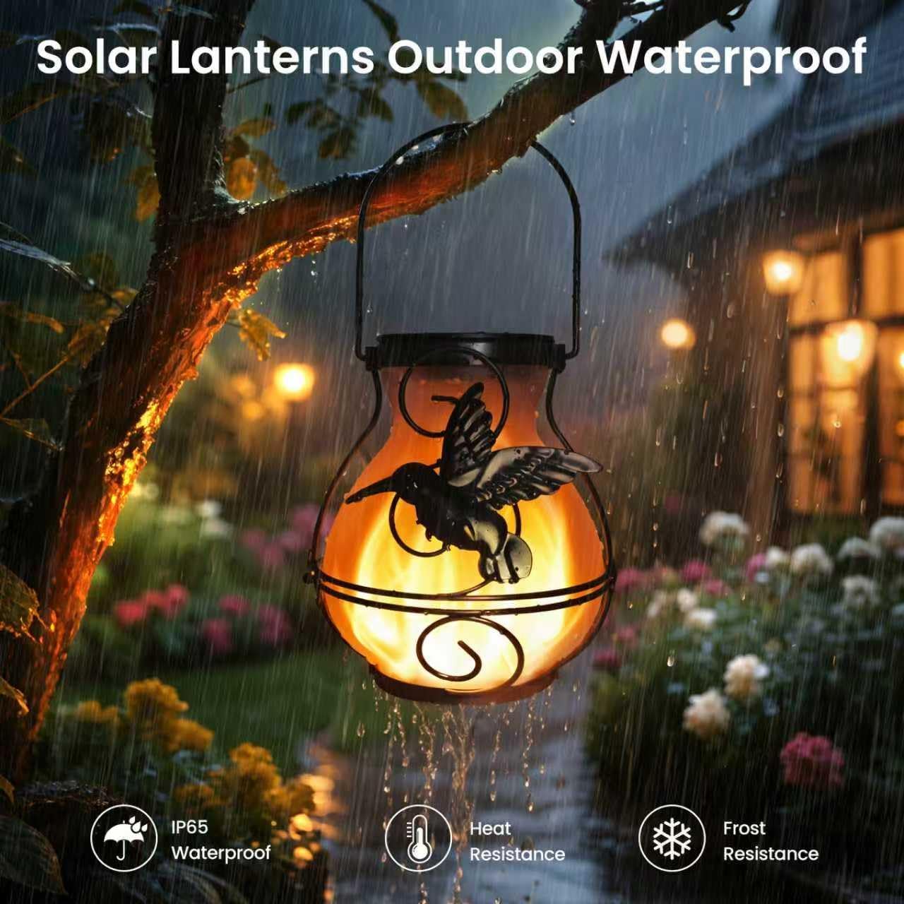 2 Pack Solar Lanterns Outdoor Waterproof Flickering Flame Lights Hummingbird Metal Hanging Solar Lantern Patio Porch Garden Decoration