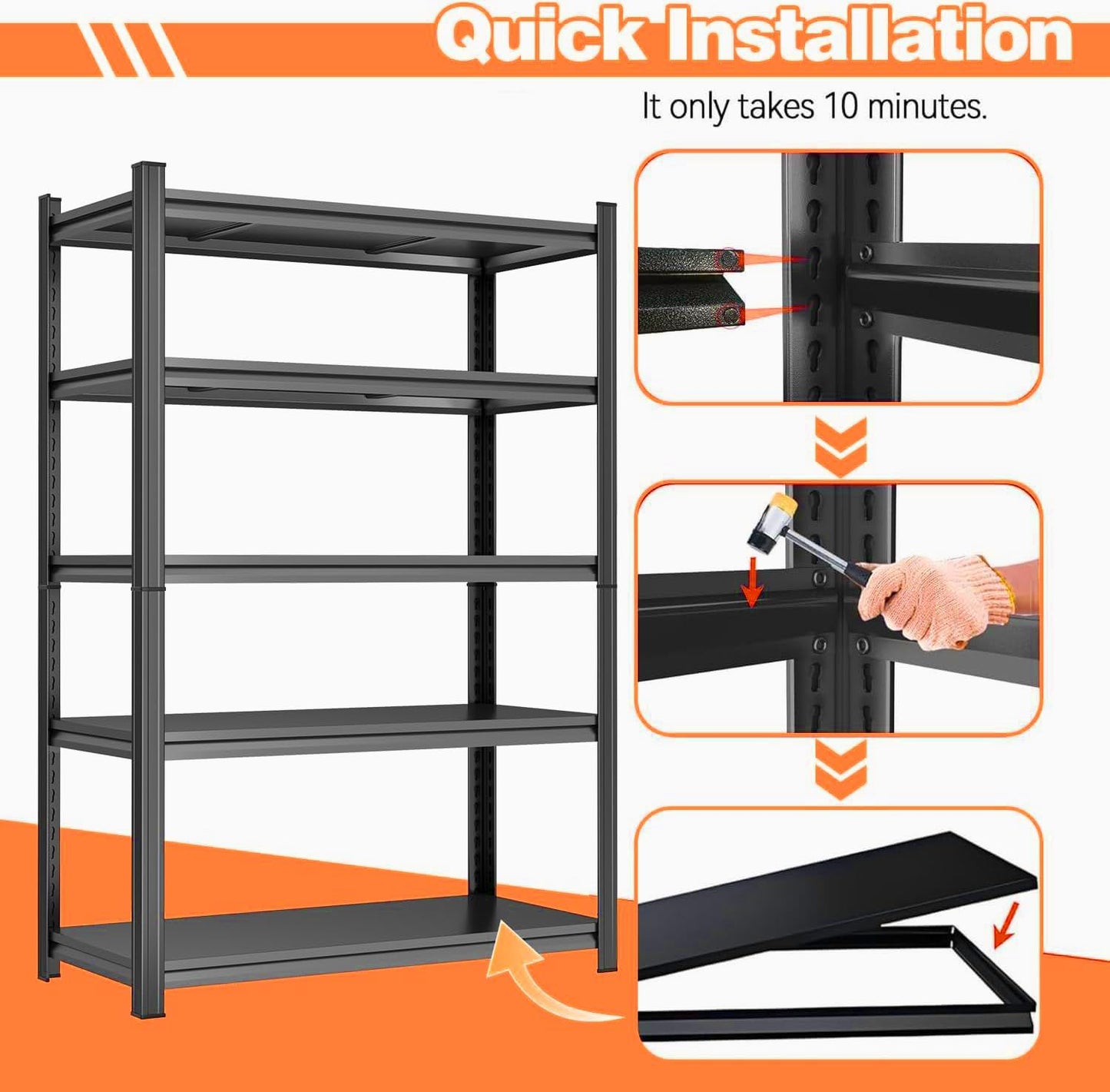Metal Garage Shelving 5-Tier Storage Shelves Adjustable Metal Shelving Units Storage Shelves Heavy Duty for Basement, Commercial, Warehouse, Industrial, Black
