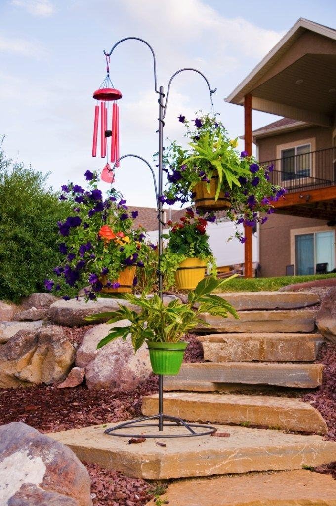 Yard Butler YT-5 Yard Tree Hanging Garden - Three Shepherd Hooks for Outdoor or Indoor Plant Hanging - Two Circular Holders for Plant Pots - Heavy Duty Anti-Tip Base and Steel Center Pole, Black, (IYT5)