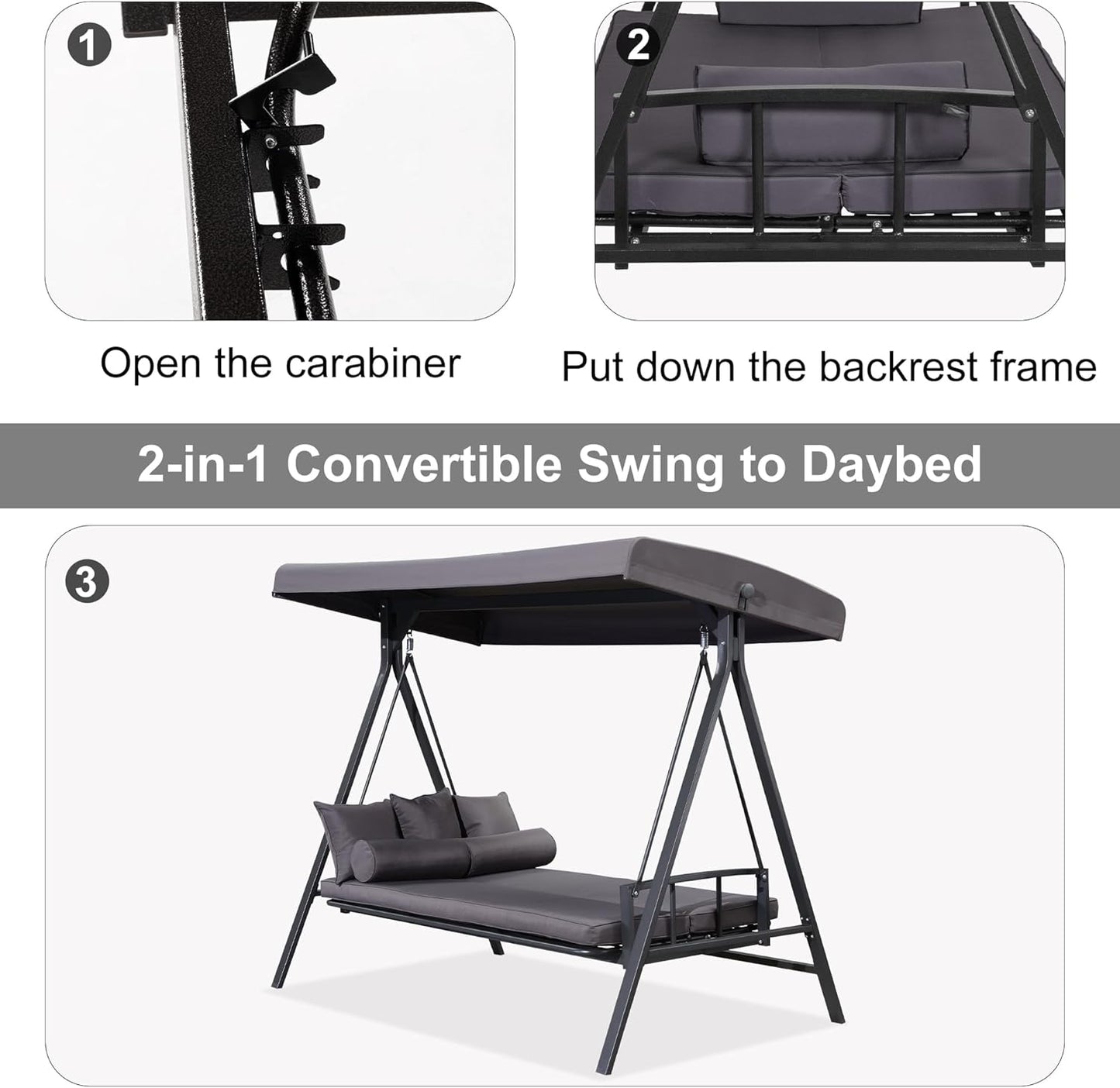 PURPLE LEAF Outdoor Patio Porch Swing Adjustable Backrest, 3-seat Swing Chair with Weather Resistant Steel Frame for Backyard Front Porch Lawn, Cushion and Pillows Included, Grey
