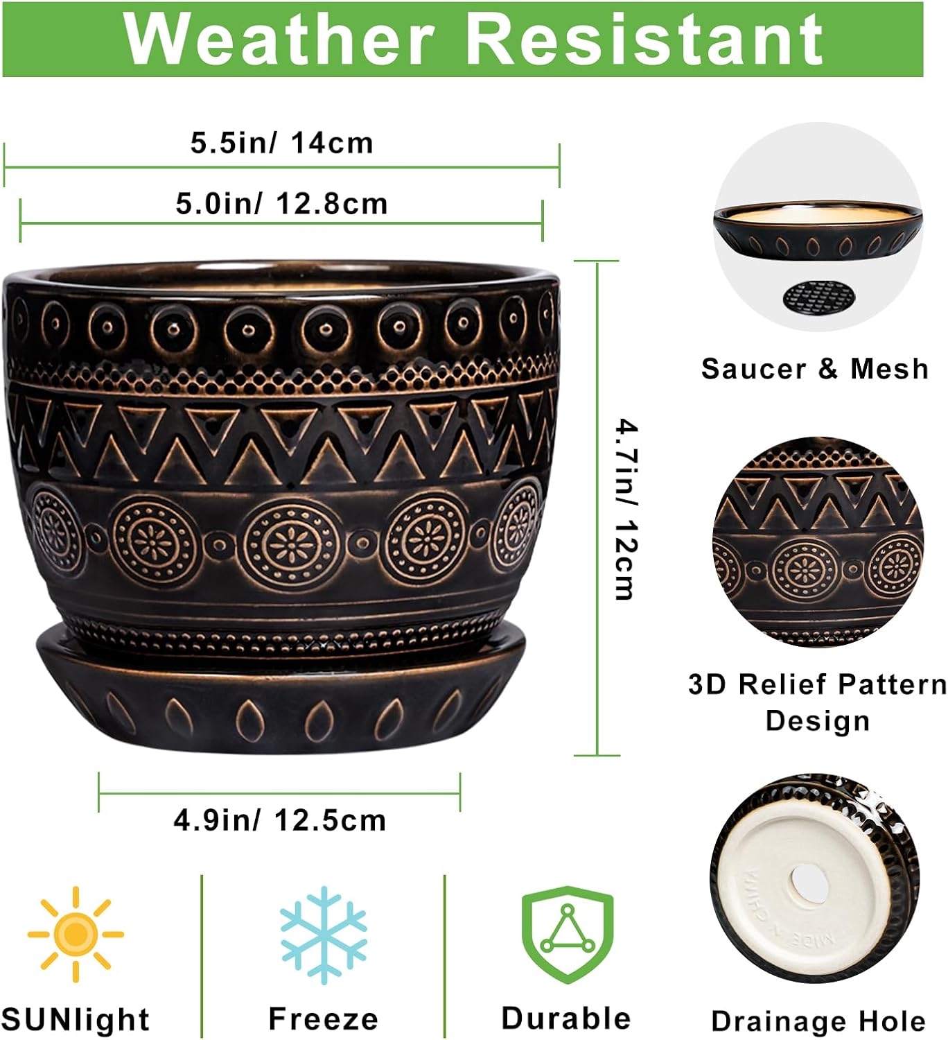 G EPGardening 5.5 Inch Ceramic Planter - Ceramic Plant Pot for Indoor Outdoor Plants, Boho Round Flower Pot with Drainage Hole and Saucer, Gifts for Plant Lovers, Office Garden Home Decor, Black