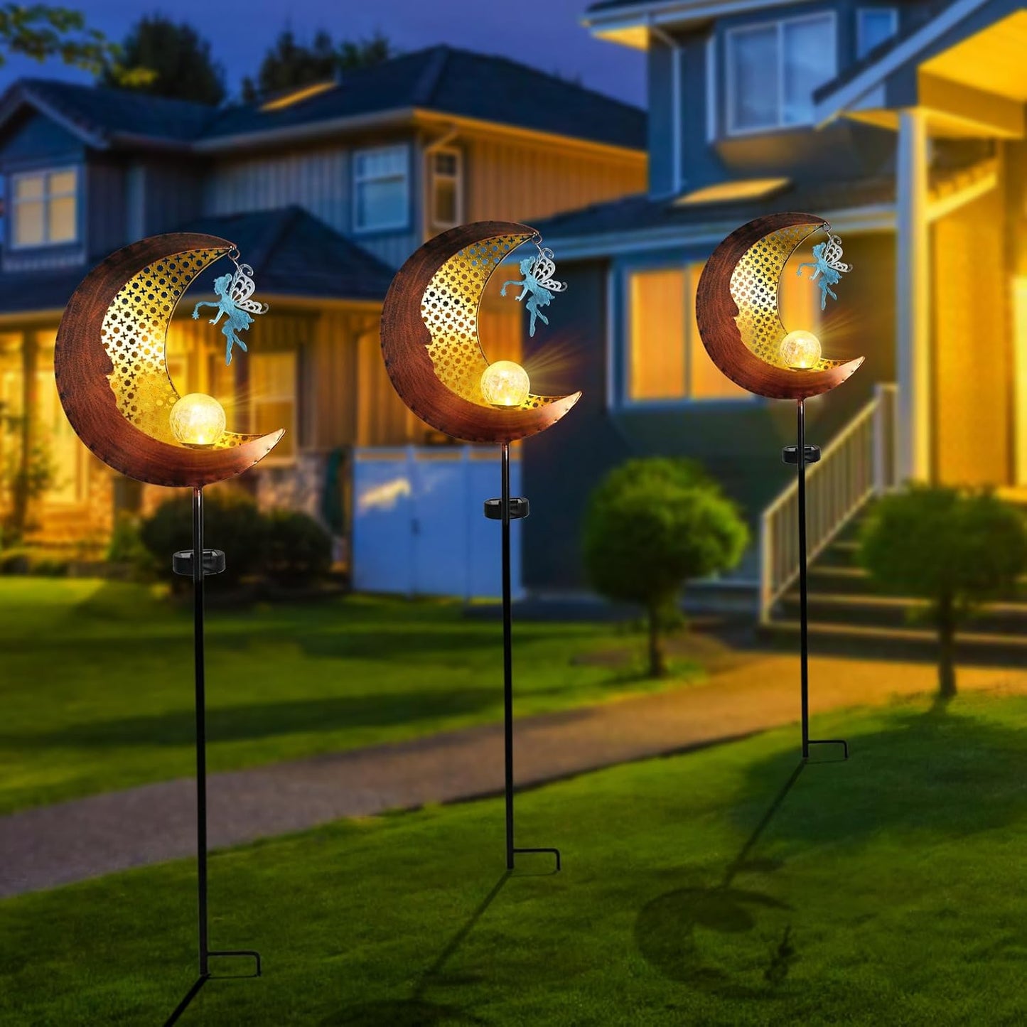 Bshine Moon Solar Light Outdoor Garden Decoration, Moon Fairy Garden Statue Outdoor Decor,Metal Waterproof Light Stake for Patio, Path, Yard and Lawn Ornament, Housewarming Gift for Mom,Bronze