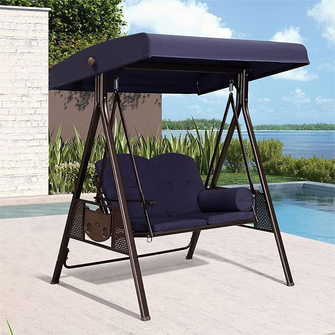 PURPLE LEAF 2-Seat Deluxe Outdoor Patio Porch Swing with Weather Resistant Steel Frame, Adjustable Tilt Canopy, Cushions and Pillow Included, Navy Blue