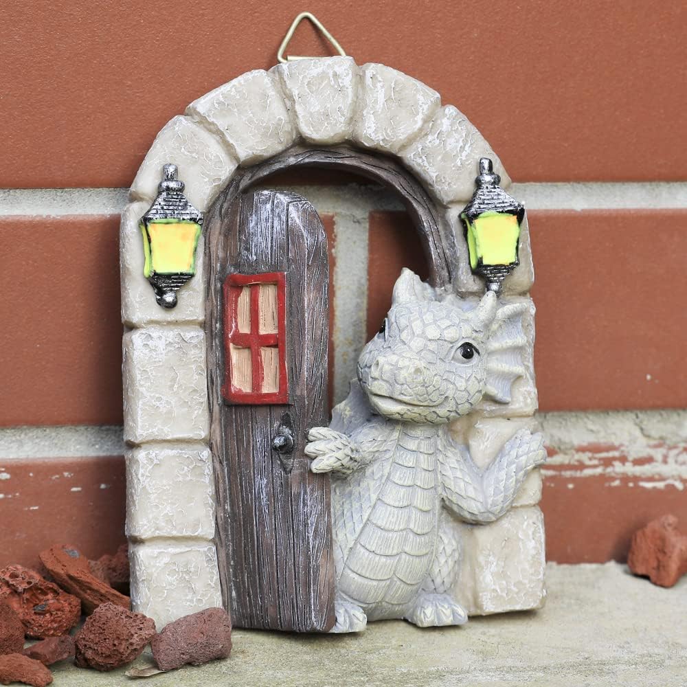 Dragon Garden Ornament Resin Craft Ornament Statue Fairy Door Yard Art Outdoor and Garden Solar Light Luminous Sand Open Door Dragon Wall Statue Outdoors Decor (Open The Door)