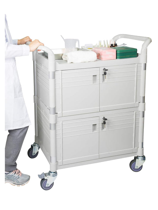 [JaboEquip] Commercial Double Lockable Medical Cart 3 Shelf Hospital Cart L34.43xD19.69xH40.55 inch Off-White (Light Grey) Color