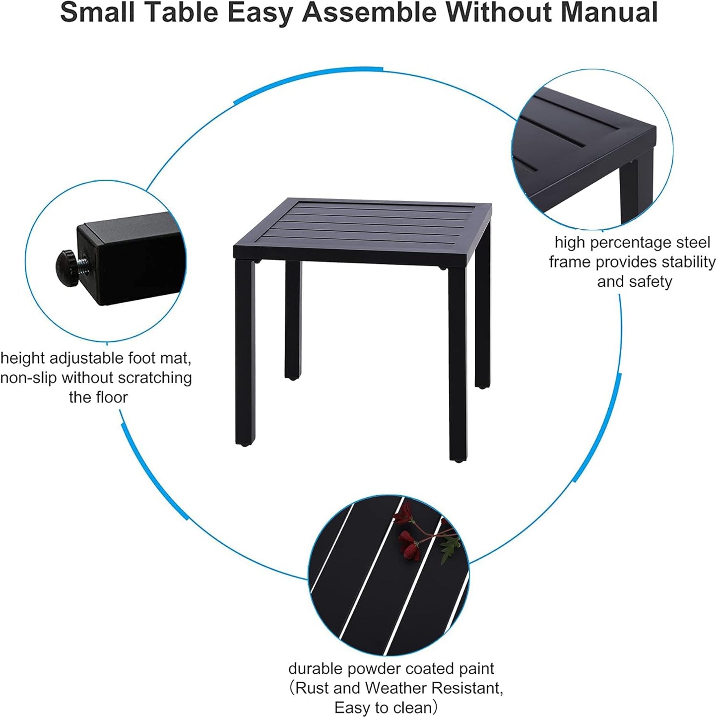 PHI VILLA Indoor Outdoor Small Metal Square Side/End Table, Patio Coffee Bistro Table, Black