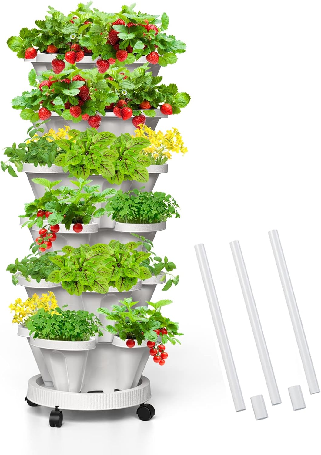 6 Tiered Strawberry Vertical Planters, Stacking Tower Garden with Support Pole, Stackable Herb Vegetable Planters Indoor and Outdoor - White