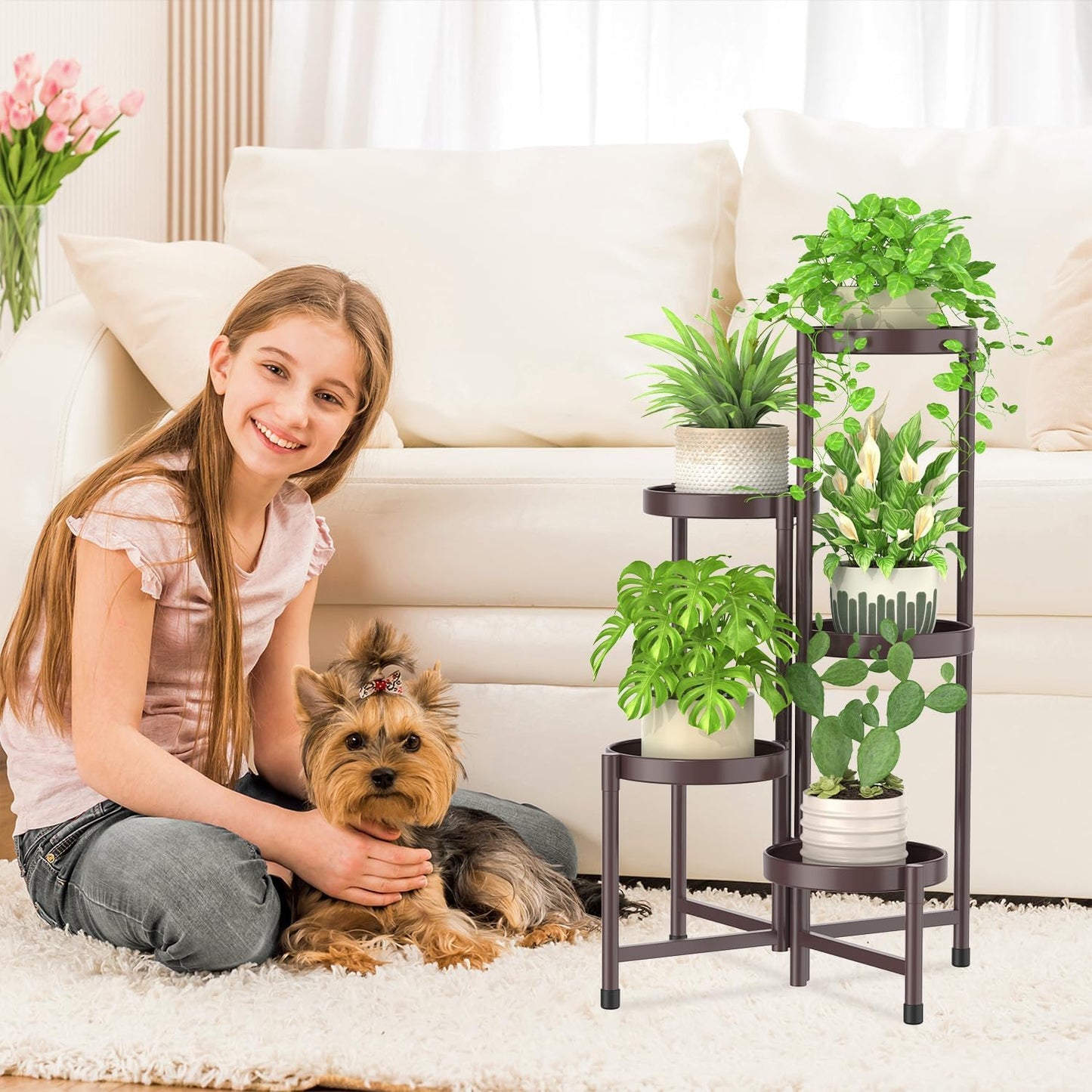 iDavosic.ly Plant Stand Indoor Outdoor, 5 Tier Corner Metal Flower Display Holder Shelf, Folding Tall Orchid Rack for Patio Balcony Porch Garden Living Room House, Violet Bronze