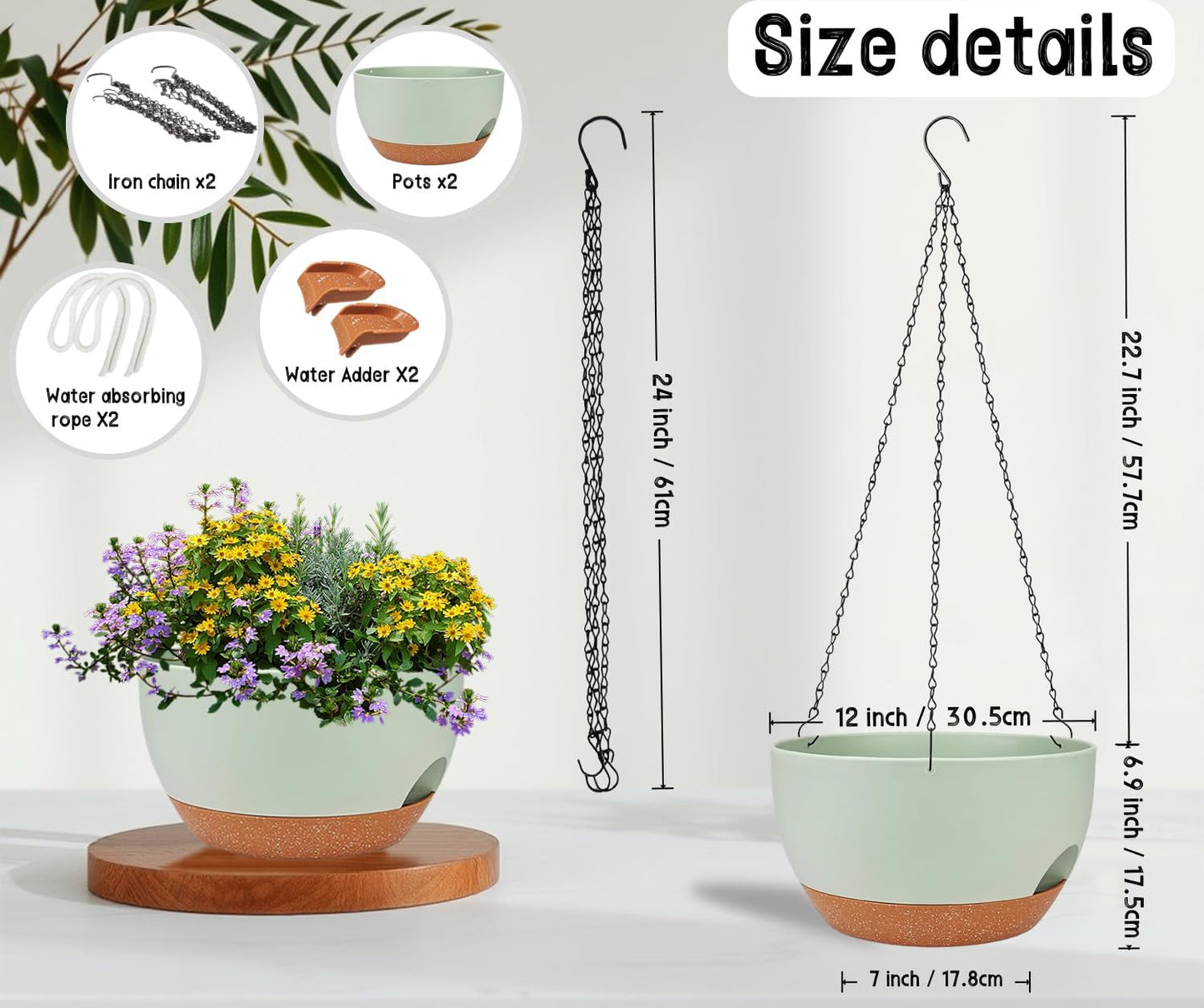 2 Pack 12 Inch Large Hanging Planters with Chains Self Watering Green Brown Plastic Hanging Pots for Indoor Outdoor Plants, Garden Porch Home Decor，Green Brown