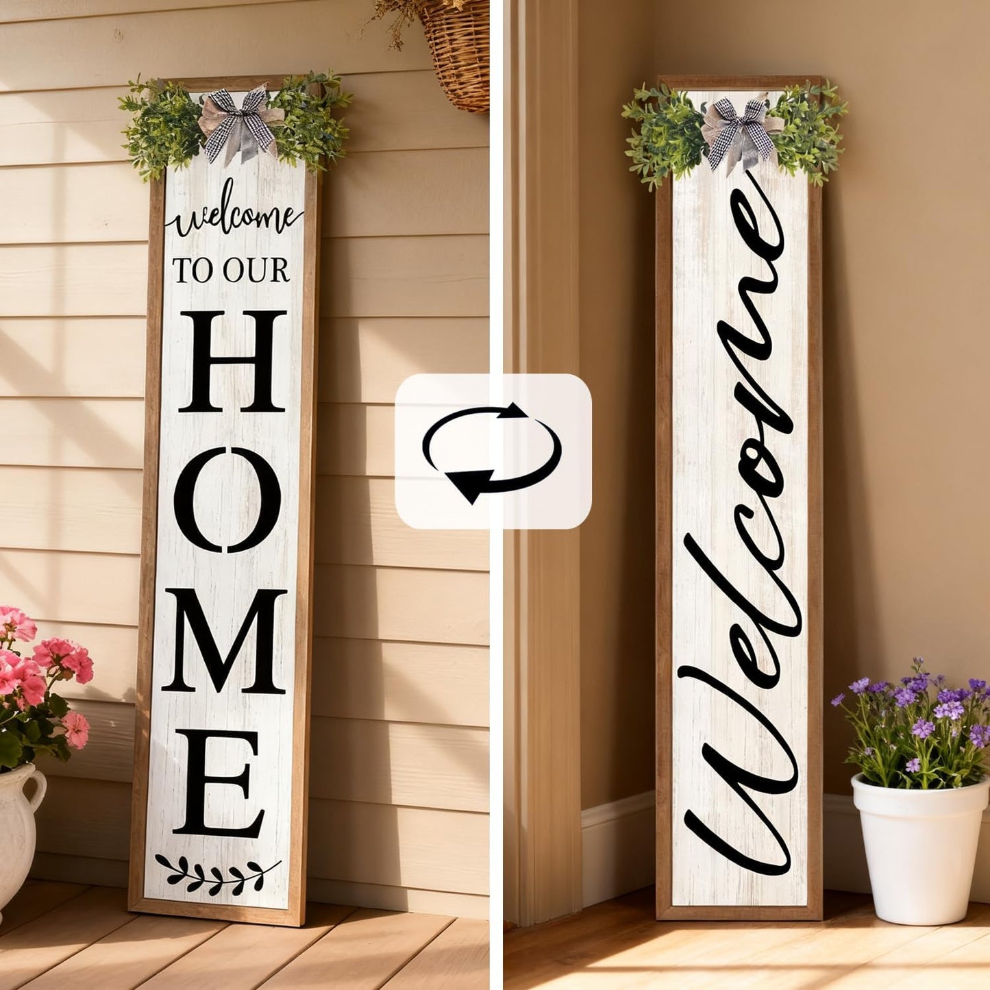 Double-sided Welcome to Our Home Wooden Sign Stand with Magnetic-adhesive Wreath for Front Door, 47" Vertical Farmhouse Welcome Porch Sign for Outdoor Patio Garden, 2in1 Large Tall Porch Leaner Decor