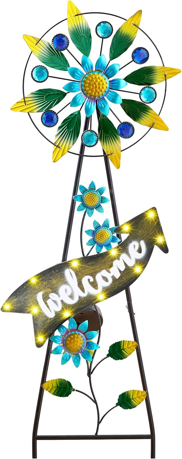 TERESA'S COLLECTIONS Hummingbird Garden Solar Stake, Wind Spinner Yard Art Sign for Outdoor Decor, Metal Purple Floral Windmill Decorative Garden Stake for Lawn Ornaments, Gifts for Mom, 26''