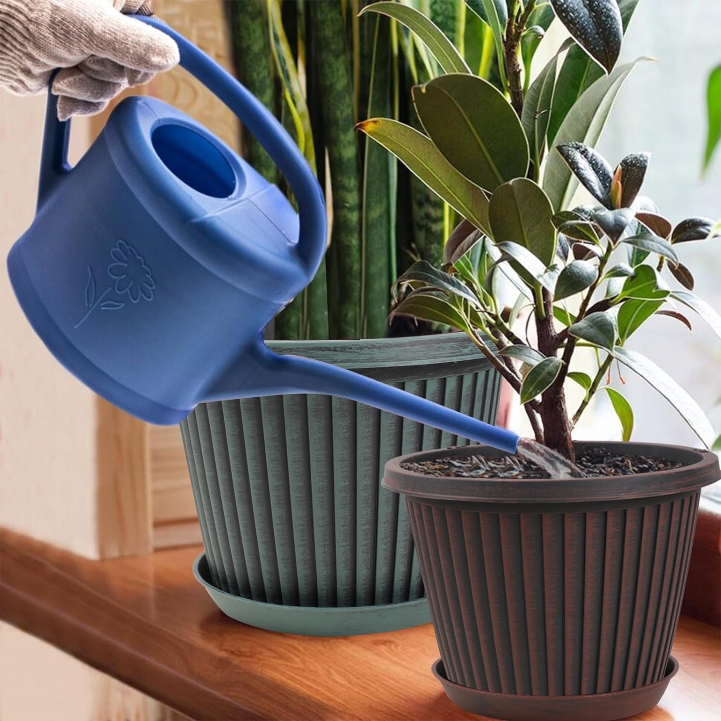 12 inch Plant Pots Indoor Outdoor, 4 Pack Large Planter, Plastic Flower Pots with Saucer and Drainage Holes, Modern Decorative Resin Garden Pots for House Plants