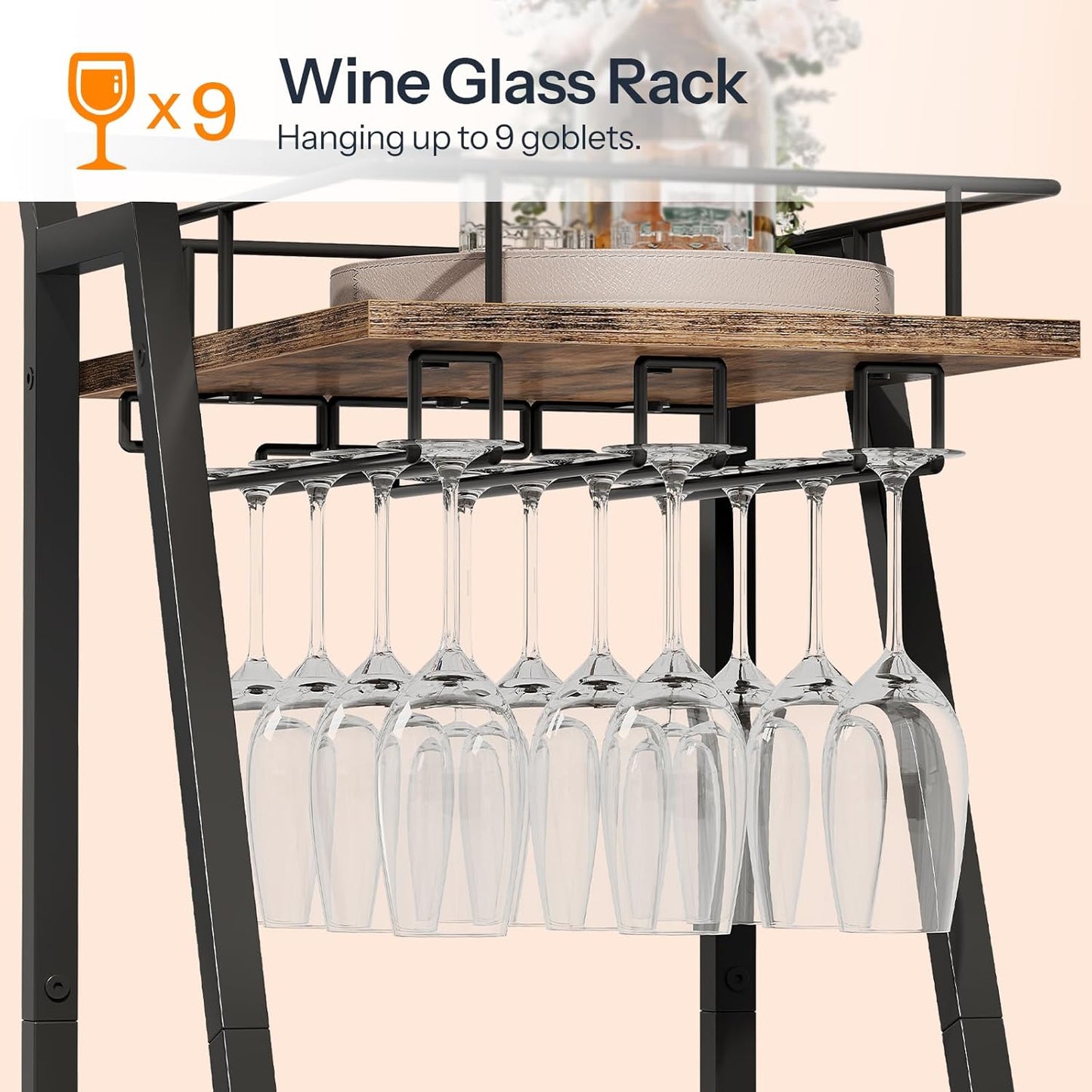 HOOBRO Bar Cart, Home Bar Serving Cart, Kitchen Cart, Rolling Beverage Cart & Wine Rack and Glass Holder 2 Storage Shelves, Cocktail Cart for Home Dining Party, Rustic Brown and Black BF27TC01