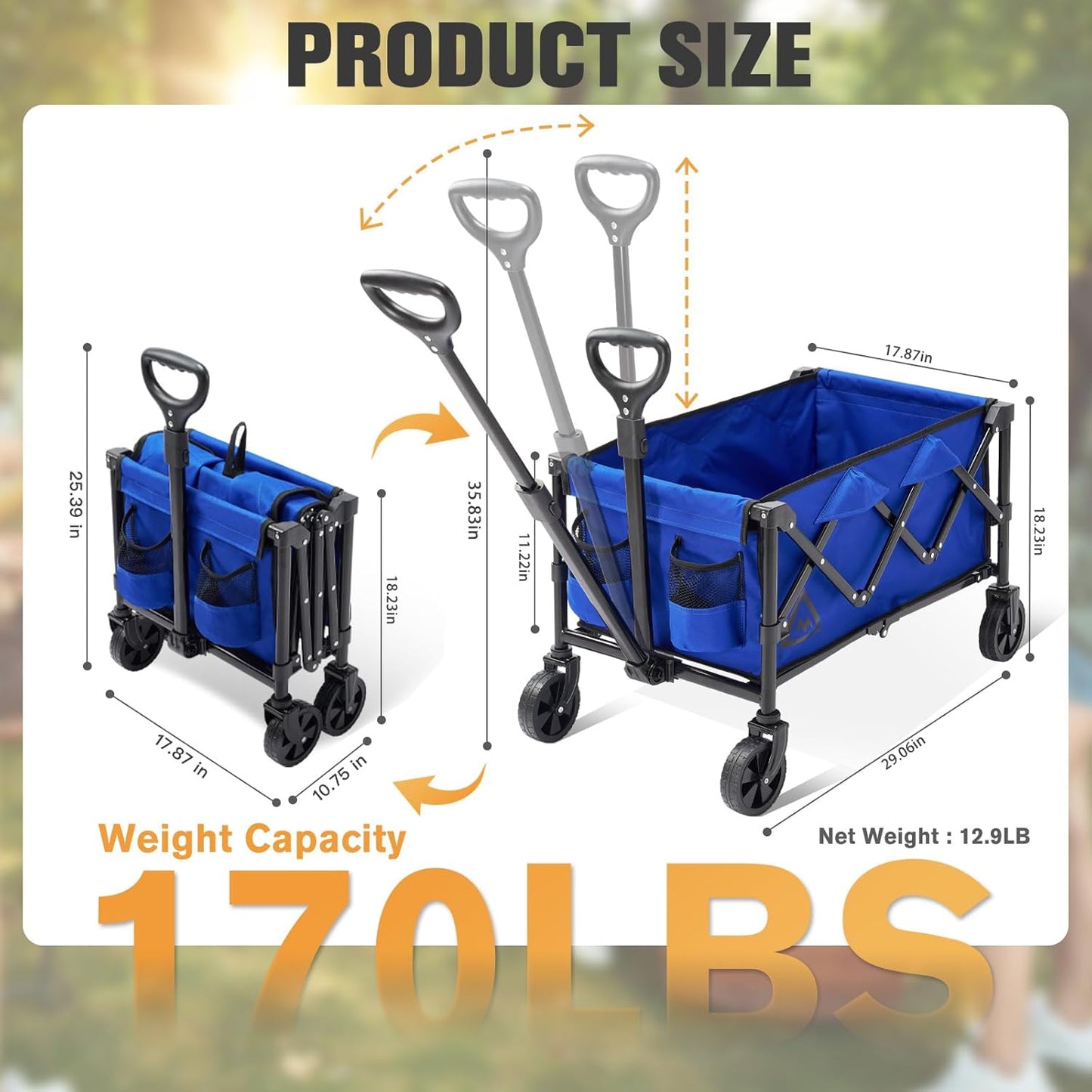 Wagon Cart Shopping Foldable Folding Collapsible with Wheels Big On Beach Garden Outdoor Grocery Heavy Duty Utility All Terrain Portable Wagons Carts for Groceries Sand Camping Sports Blue