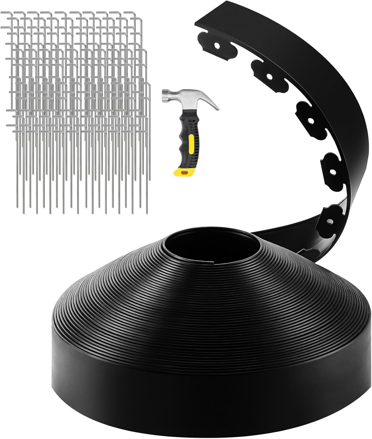 GROWNEER 200FT Landscape Edging Flexible 4 inch Tall Garden Border with 180pcs Galvanized Steel Anchoring Spikes and Hammer Lawn Edging Kit for Flower Bed, Pathway, Landscaping Project, Black