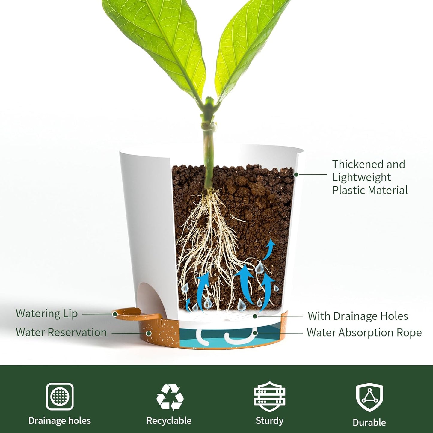 4 inch Small Plant Pots for Outdoor Indoor Plants, 5 Pack Planters with Drainage Holes and Tray, Small Self Watering Pots for Succulent,Cactus, Aloe and Other Plants (White)