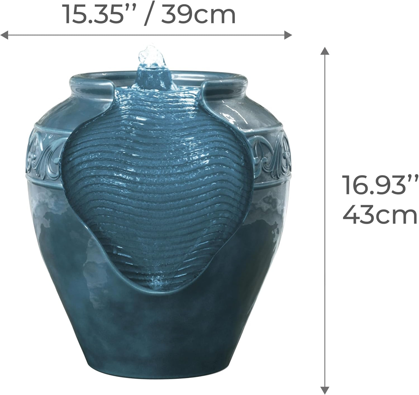 Teamson Home Floor Glazed Pot Water Fountain with Built-in LED Light and Pump for Outdoor Indoor Patio Garden Backyard Decking Home Décor, 17 inch Height, Teal