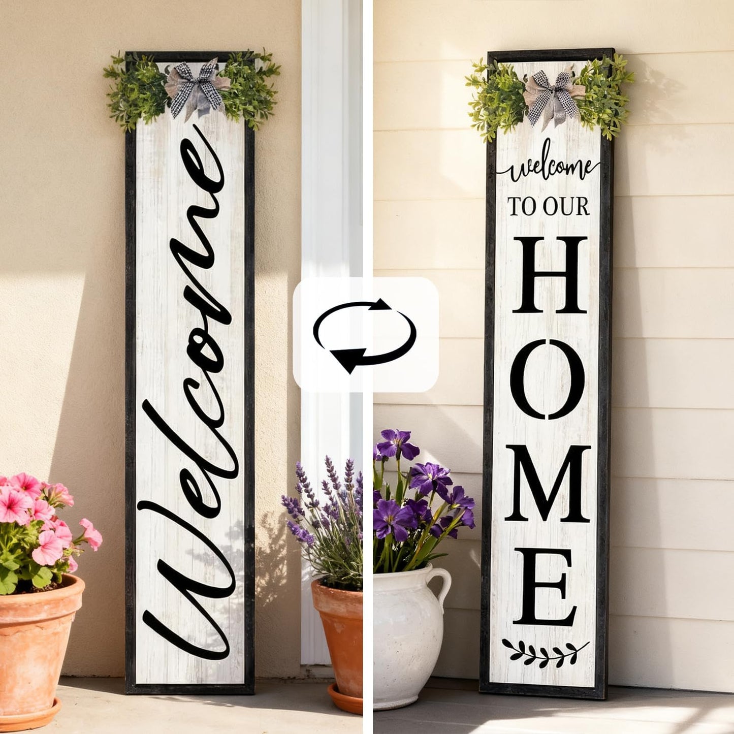 Double-sided Welcome to Our Home Wooden Sign Stand with Magnetic-adhesive Wreath for Front Door, 47" Vertical Farmhouse Welcome Porch Sign, 2in1 Large Tall Porch Leaner Decor for Outdoor Patio Garden