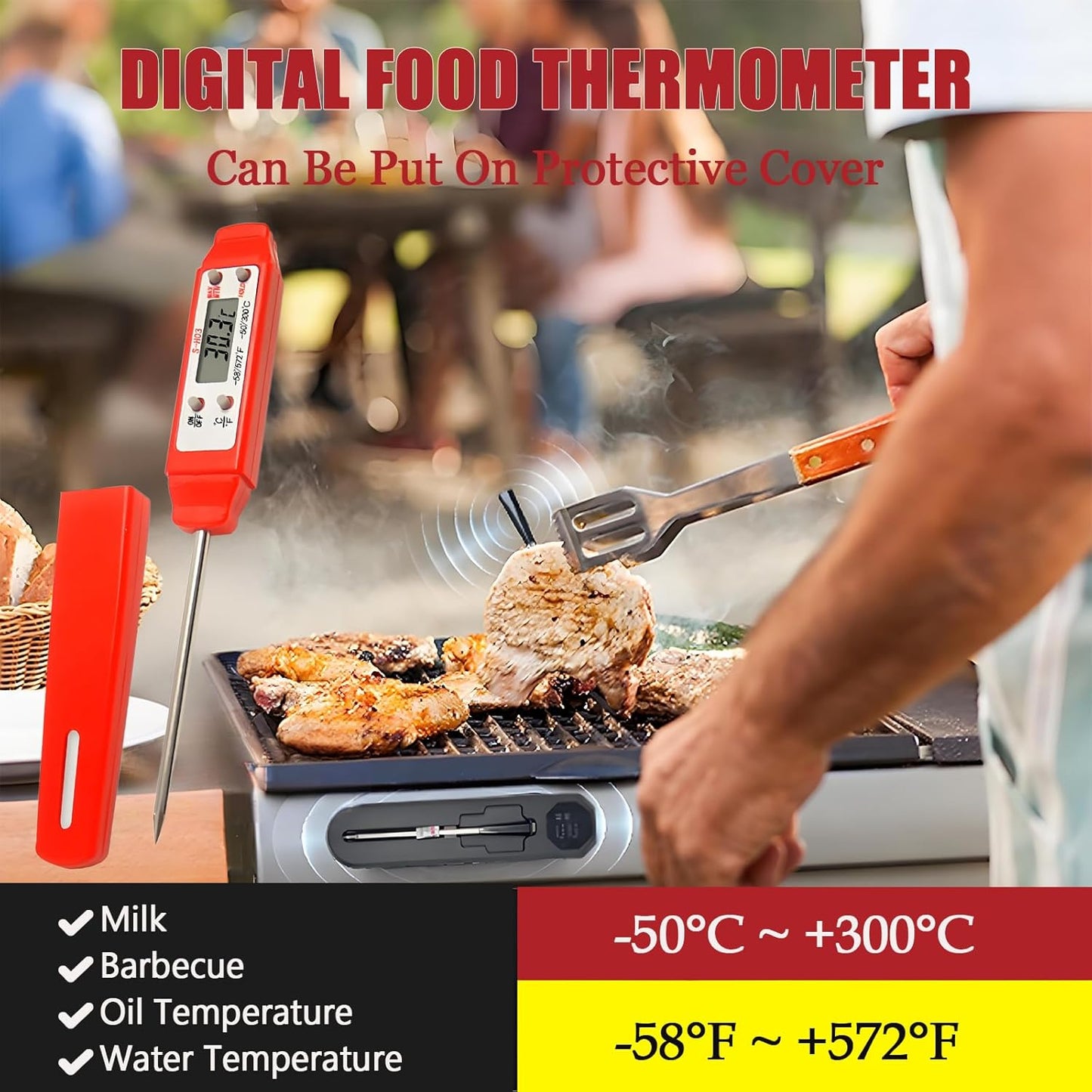 Meat Thermometer - Digital Food Thermometer for Cooking Kitchen - Automatic Calibration Pen Style Electronic Pocket Thermometer for Water Temperature, Barbecue (Red)