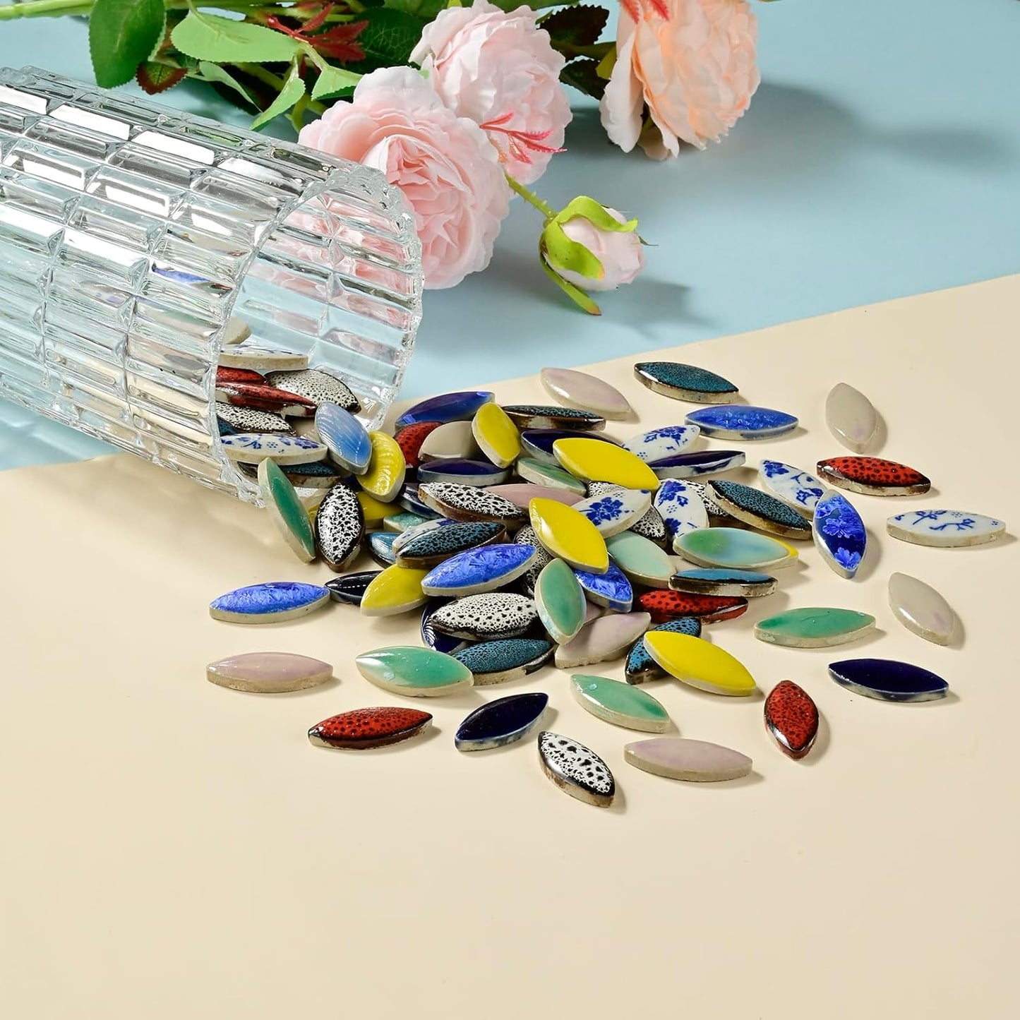 Blue Petal Ceramic Tiles Mosaic Tiles, Bulk Ceramic Mosaic Pieces Stepping Stone Crafts Making Supplies for Home Outdoor Floor Vase Tabletop Decoration - 70pcs