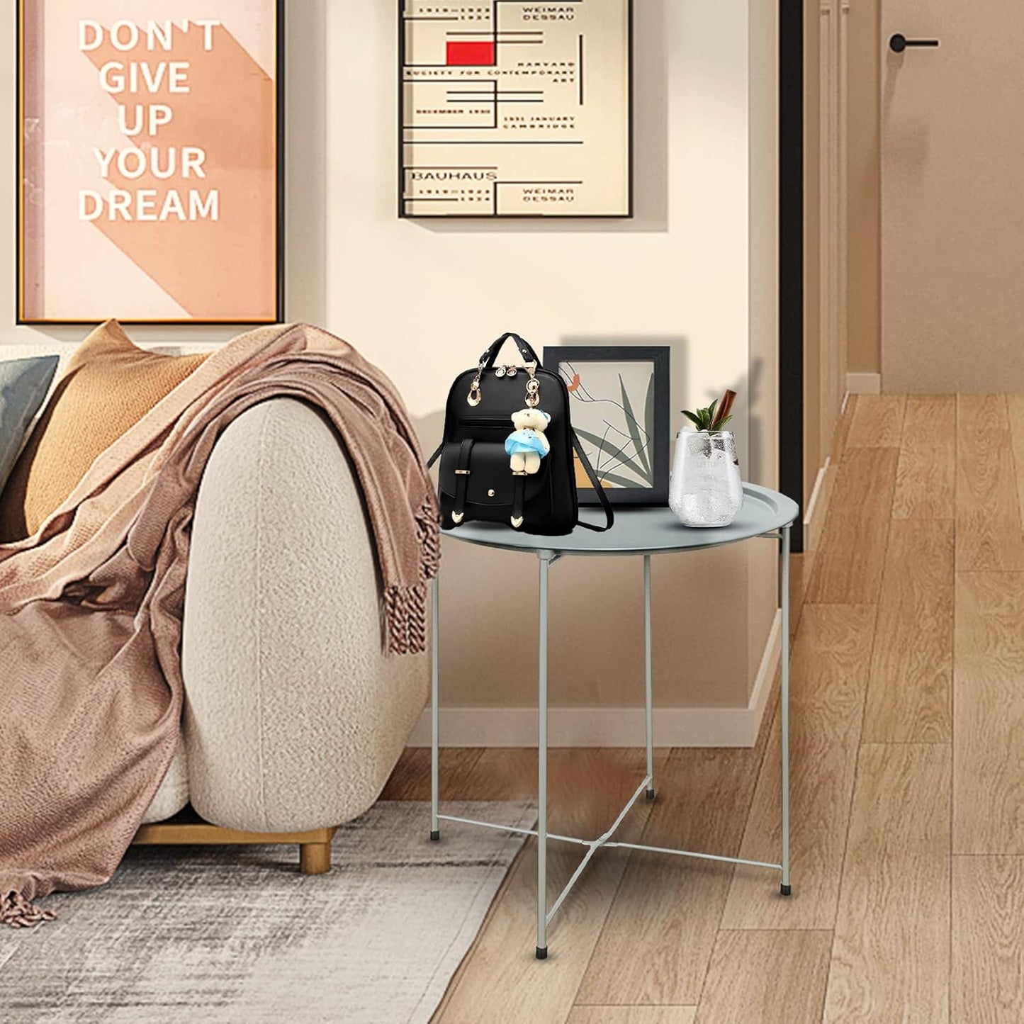 Garden 4 you End Table Outdoor Side Table, Small Patio Table Metal Side Table, Round Folding Side Table, for Outdoor and Living Room,Blue