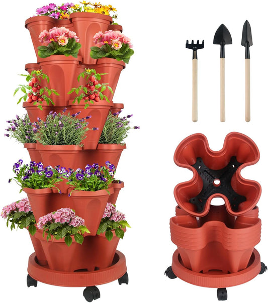 DUNCHATY Stackable Planters 6 Tier Vertical Garden Planting Tower Planters Strawberry, Herb, Flower, and Vegetable Planter Indoor Outdoor Gardening Pots with Removable Wheels and Tools