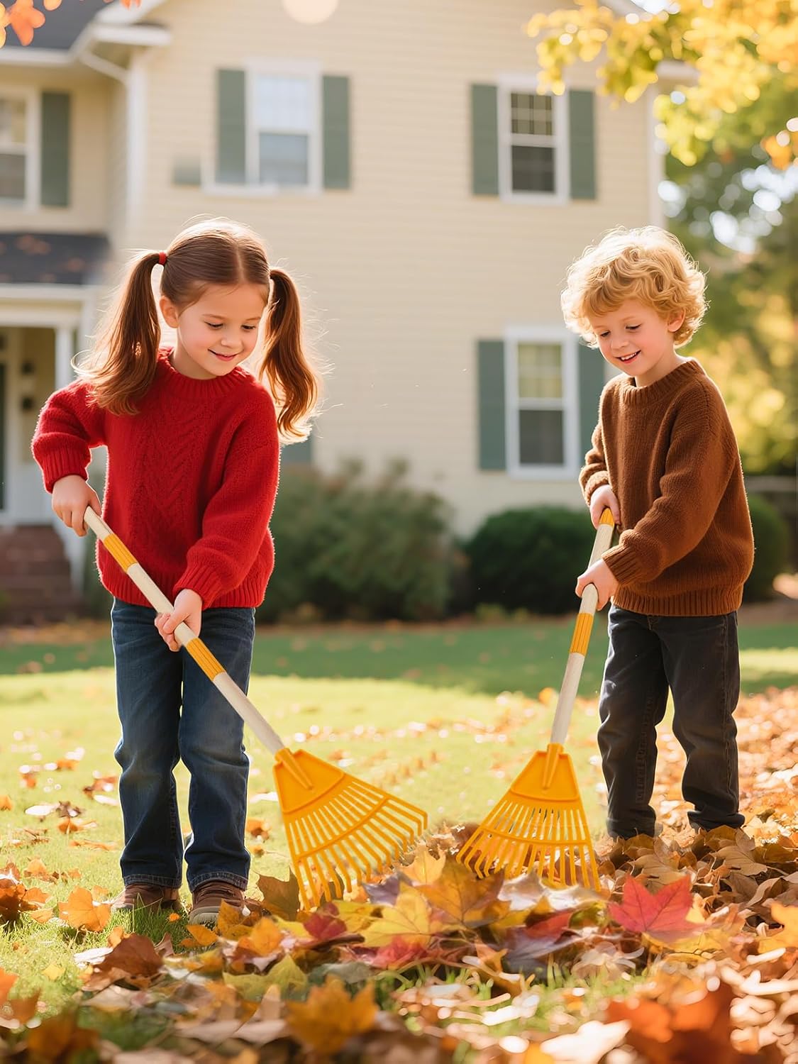 Acostop 2 Pcs Kids Rakes with Wood Handle - 34" Lightweight Plastic Garden Rake for Leaves, Safe to Use Kid Yard Tools for Boys Girls Fall Gardening Gifts (Yellow)