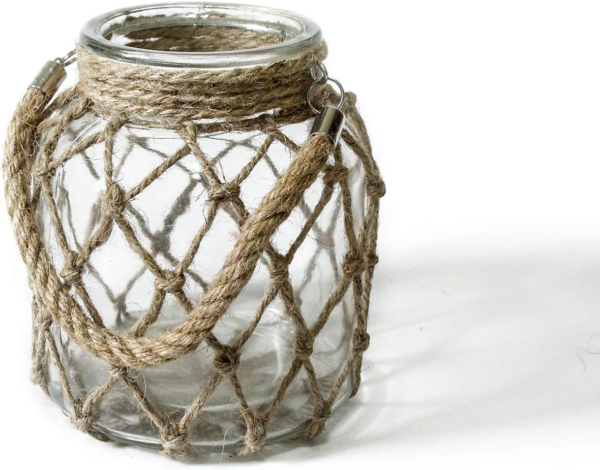 Rustic Hanging Mason Nautical Jar Creative Rope Net Dry Flower Glass Vase with Handle 6.5 Inch