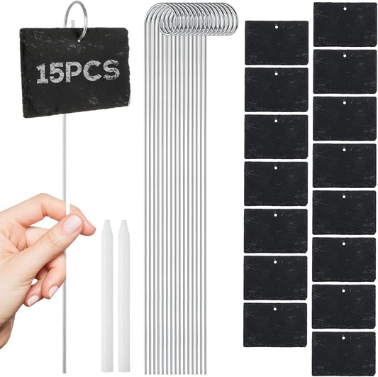 15PCS Slate Plant Markers with Stakes and Stone Chalks Garden Markers Signs Labels Hanging Slate Planter Tags for Flower Bed, Pots, Planters