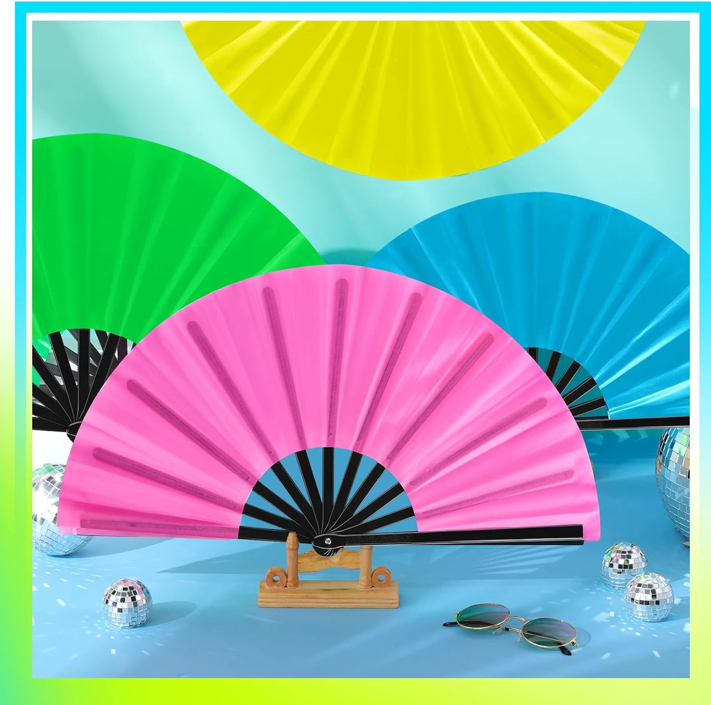 Blulu 4 Pcs 11 Inch Large Folding Hand Fans for Line Dancing Clapping Popping Rave Fans for Kids Women Men for Dancing Boots on The Ground Festival Party Decoration(Classic Style, Fluorescent Color)