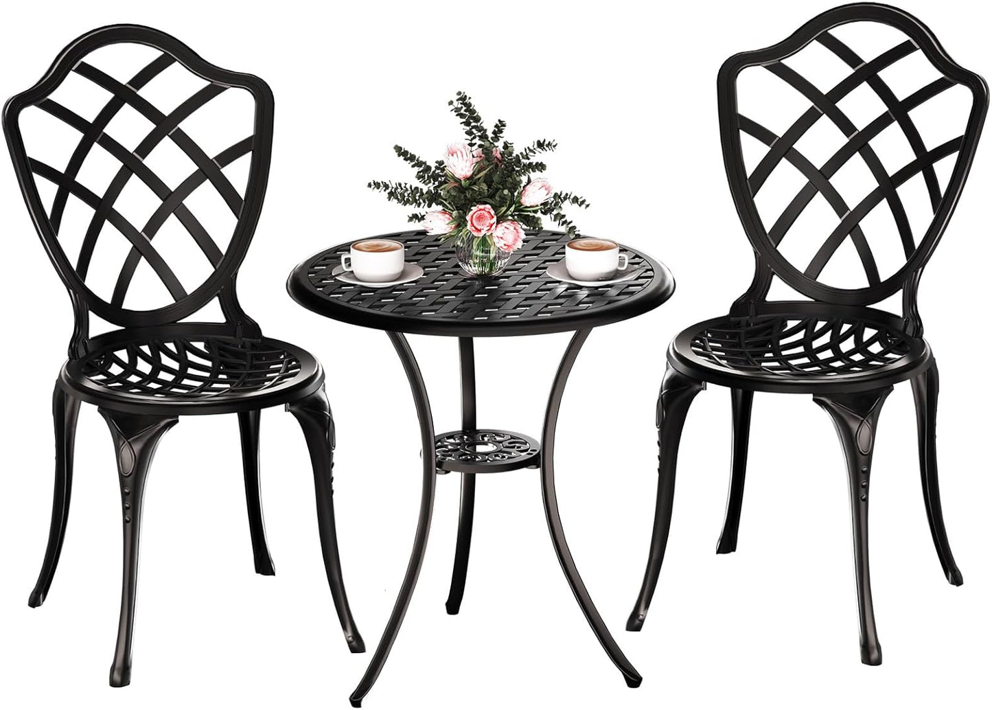 3 Piece Patio Bistro Set, Outdoor Bistro Table and Chairs Set of 2 w/Umbrella Hole, Rust-Resistant Cast Aluminum Bistro Set for Garden/Balcony/Backyard, Black