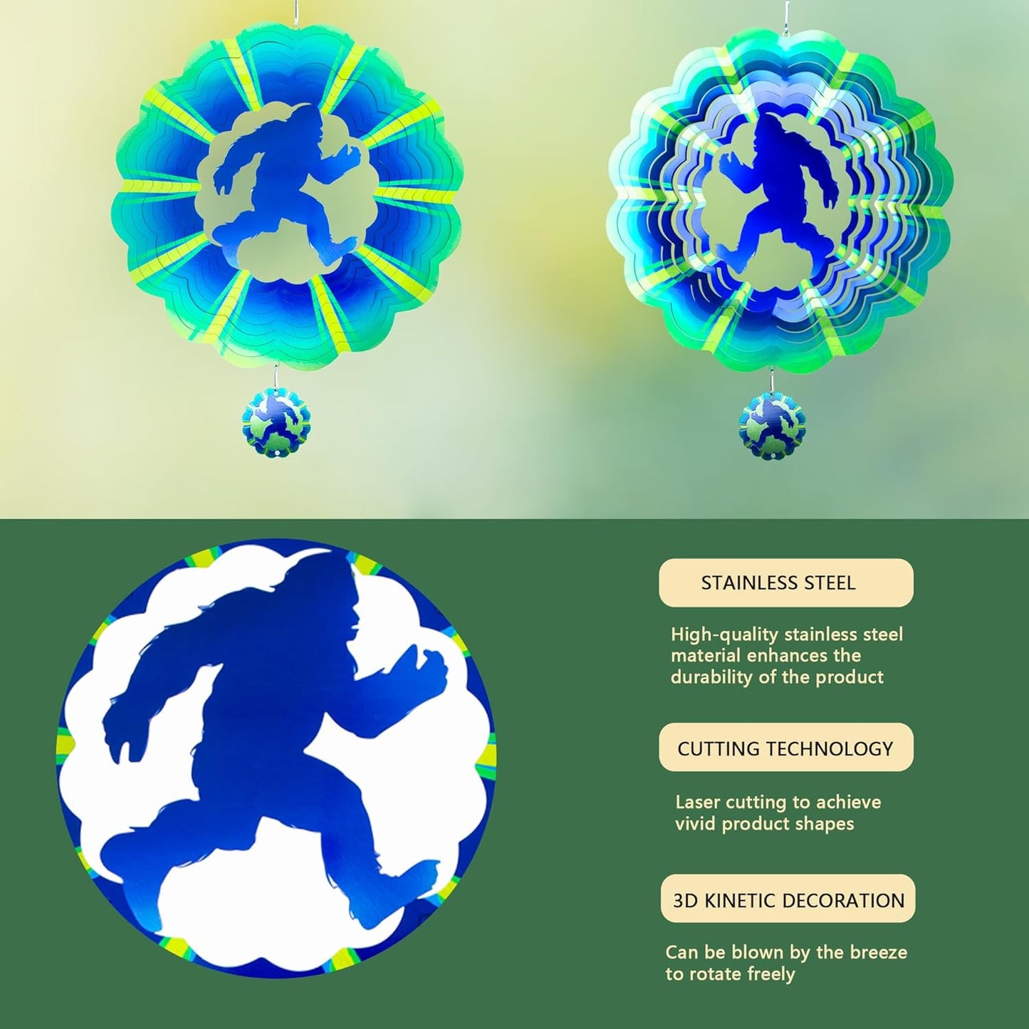 Bigfoot Gifts Sasquatch Yard Decor, for Dad Husband,12 inch Bigfoot 3D Hanging Wind Spinners Outdoor