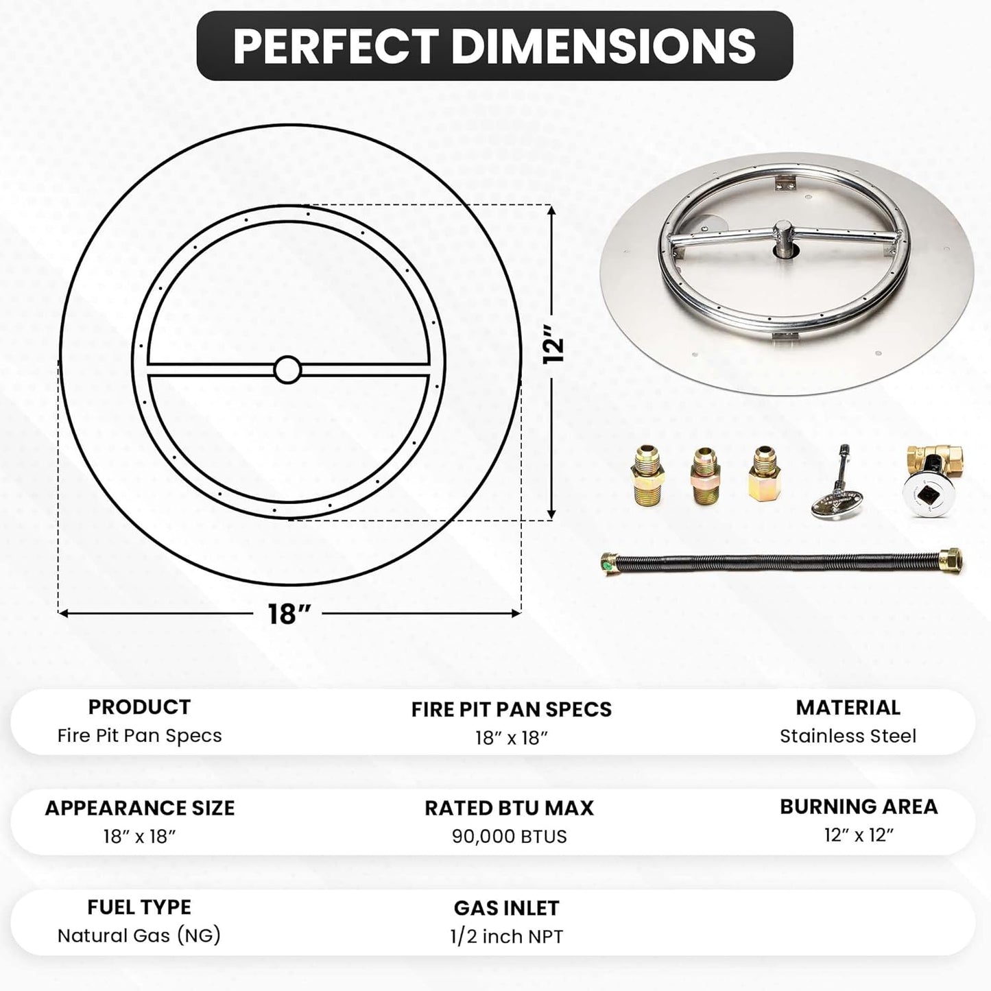 Fire Pit Burner Pan & Ring - Works with Natural Gas - Stainless Steel Fire Pit Burner Kit 18-Inch Pan, 12-Inch Ring - 90,000 BTU Max