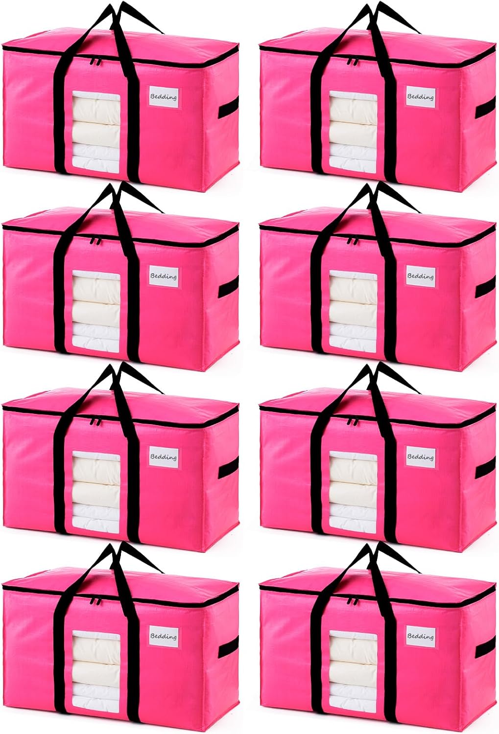 TAILI 8 Pack Pink Extra Large Moving Bags, Heavy Duty Totes with Visible Window, Wrap Around Handles, Space-Saving Storage, Alternative to Moving Boxes