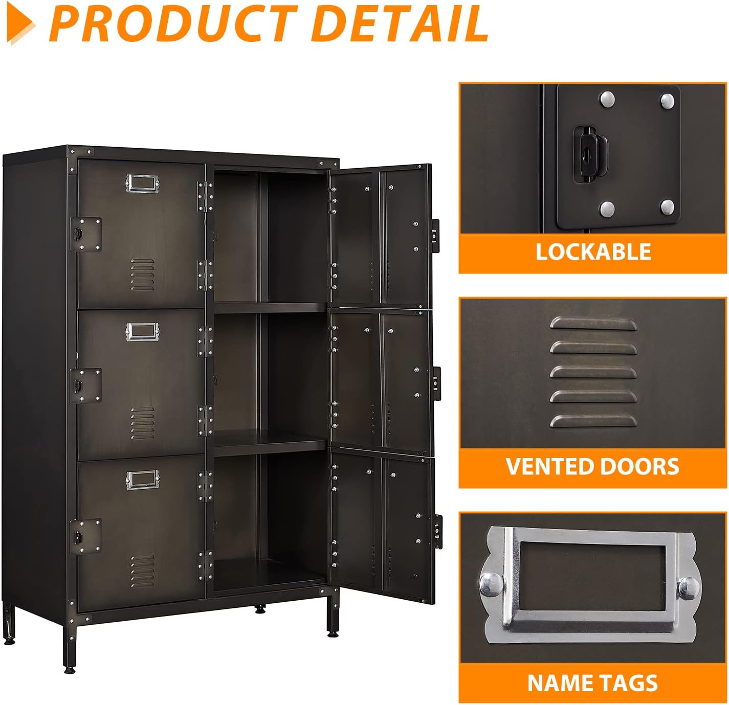 Metal Locker Storage Cabinet, 47.3" Employees Locker with 6 Doors, Steel Retro Wardrobe with Adjustable Feet for Home, Office, Gym, School