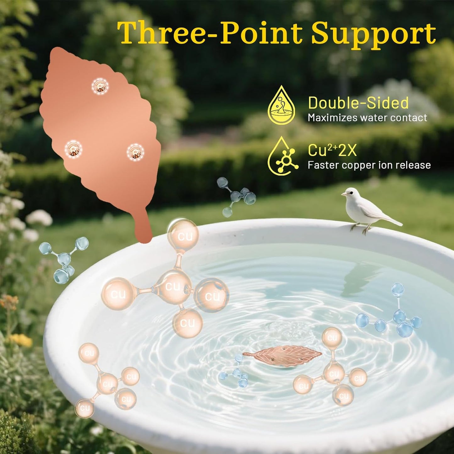 Bird Bath Copper Disk,Bird Bath Purification Disk 0.6mm Reinforced 99.99% Pure Copper Cleaning Disk with Triple-Point Support,Fits Outdoor Birdbath & Bowl,Provide Safe Clean Water,Leaf-1Pc