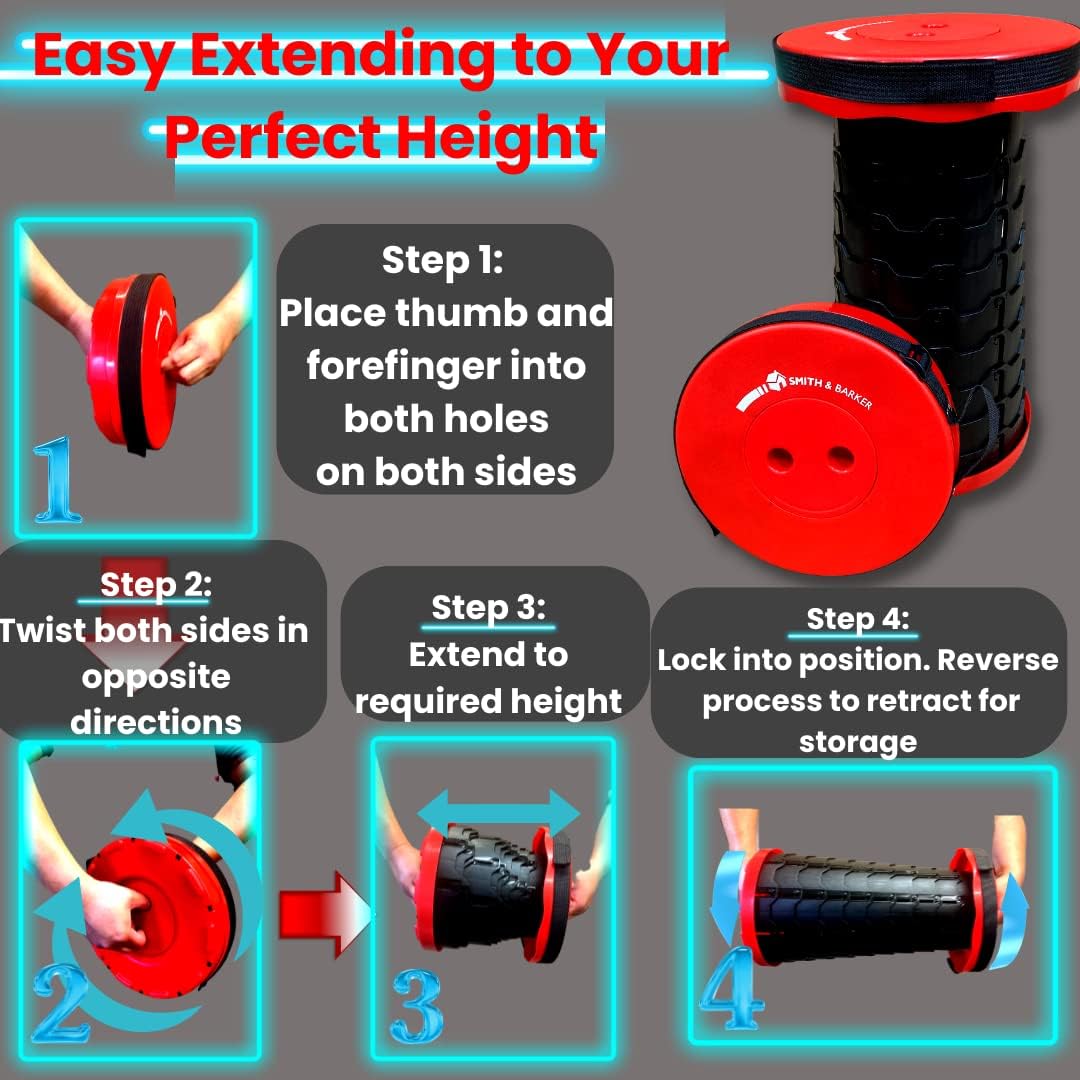 Smith & Barker Upgraded for 2025 Premium Telescopic Folding Stool for Adults and Children Outdoor Indoor Portable Collapsible Foldable Fishing Hiking Camping Festivals Seat (Black)