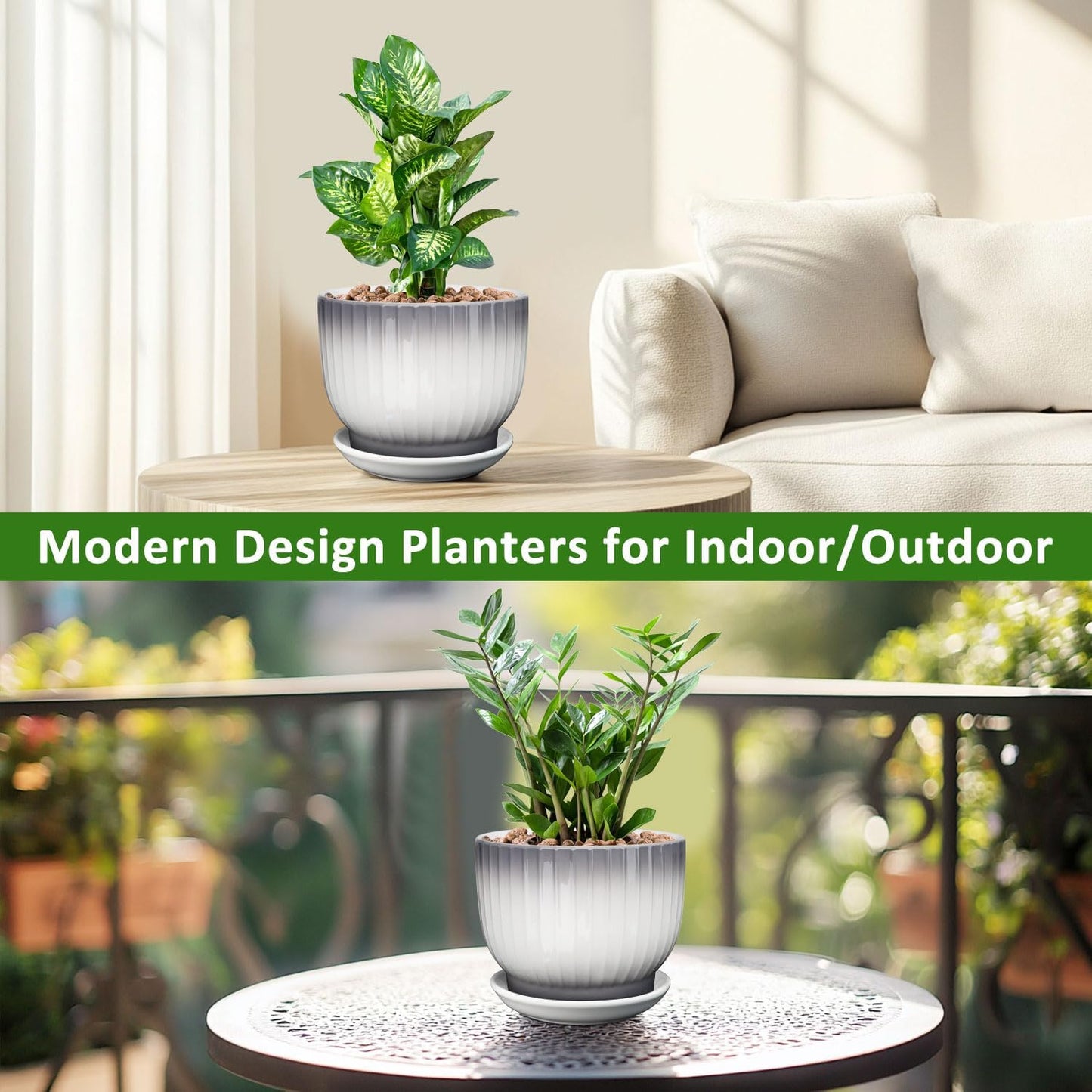 8 Inch Plant Pot, Ceramic Planter with Drainage and Saucer, Ceramic Pots for Plants, Indoor Plant pots,Ceramic Flower pots(Gray + White, Plants NOT Included)