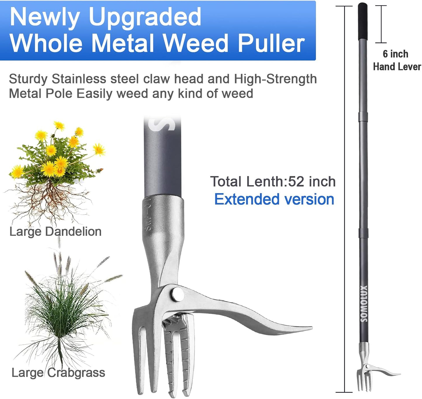 SOMOLUX 52'' Weed Puller Stand-up Weeder Weeding Tool for Gardening Heavy-duty Stainless Steel Claw with Long Metal Handle Weed Remove Tool for Lawn/Yard and Garden without Bending or Kneeling
