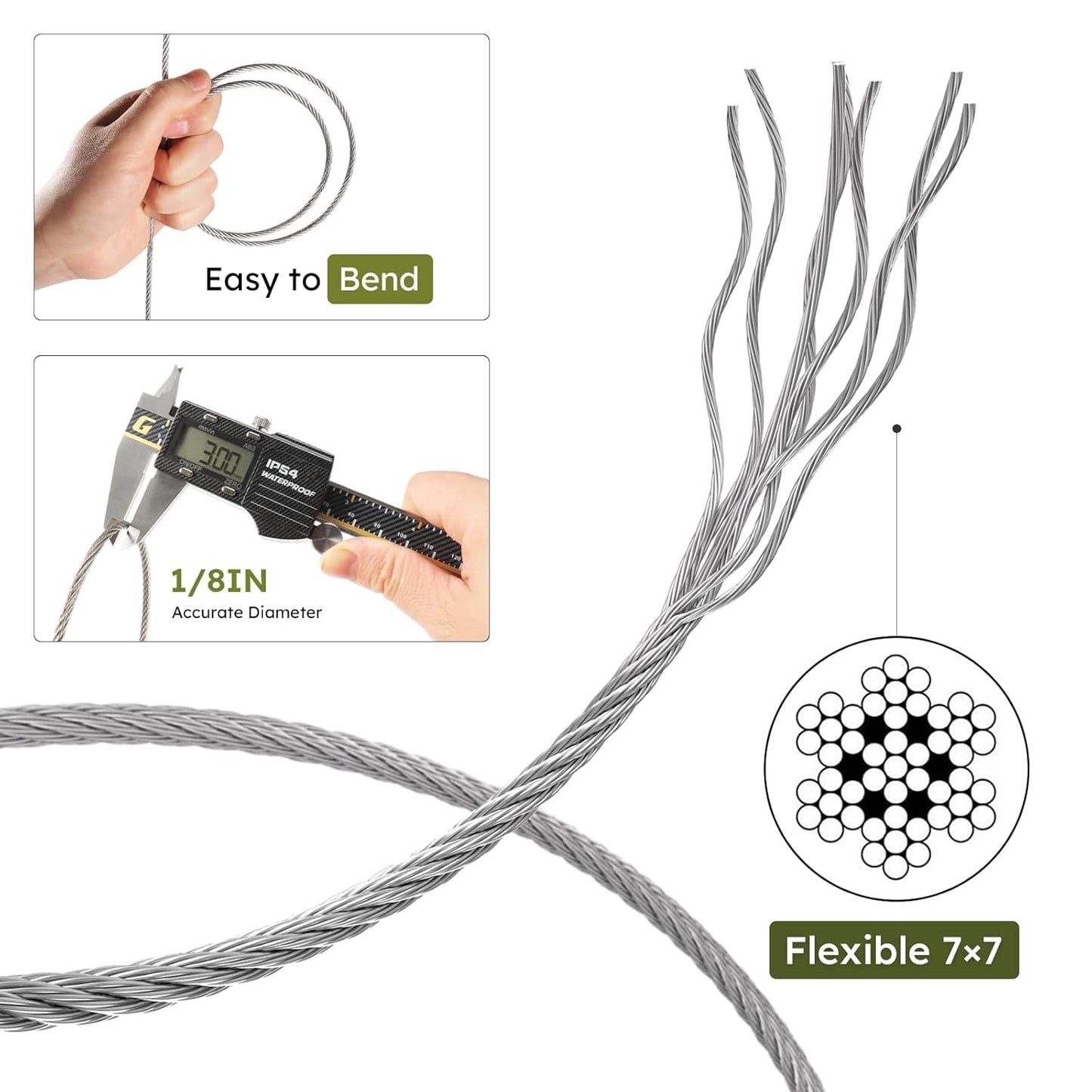 1/8 Inch Stainless Steel Cable Kit 164FT, 7 x 7 Strands Wire Rope with Aluminium Sleeves & Thimbles for Deck Railing, String Light Hanging, Shade Sail, Garden and DIY Projects