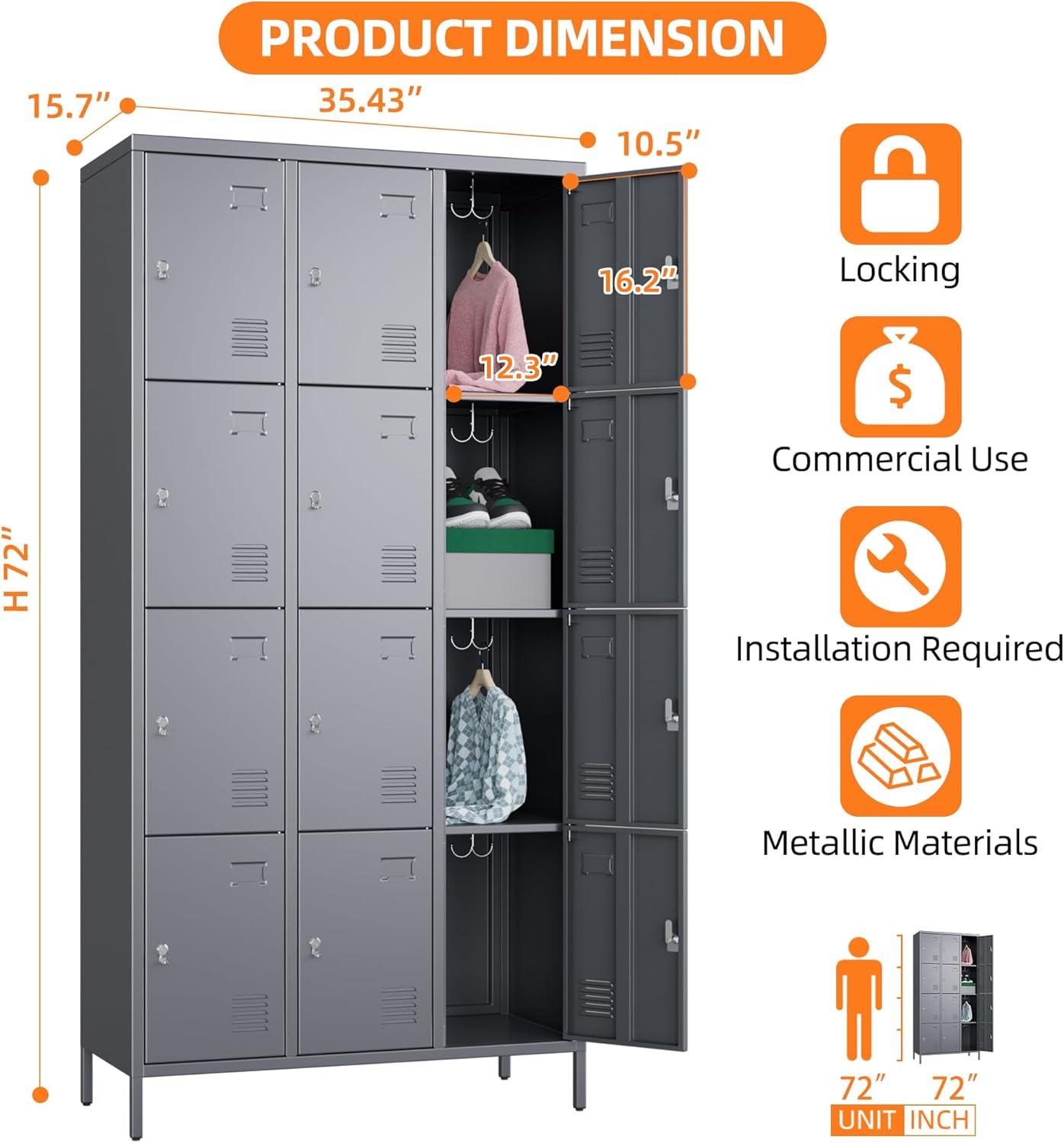 Aobabo 12 Doors Metal Storage Locker for Employees, Storage Locker with Name Card Slot for School Office Gym Bedroom, Dark Grey, Assembly Required