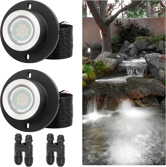 HIBOITEC Pond Lights 3W LED IP68 Waterproof Underwater Lights with UL Cord Warm White 4000K Low Voltage Landscape Lighting for Fountain Pool Compatible 12-24V AC/DC 2Pack