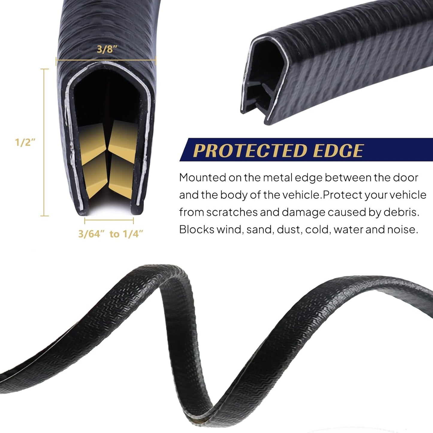 Edge Trim Black U-Channel Rubber Trim Edge with Metal 1/2" X 3/8" - Fit Gap 3/64" to1/4 Car Door Edge Sealing Strip, PVC Weather Stripping with Steel, Metal Edge Protector, 12FT