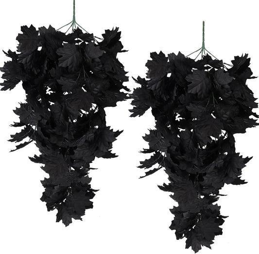 RECUTMS Black Maple Leaf Garland 2PCS Artificial Hanging Fall Halloween Maples Leaves Swag Plants 2.5ft Faux Silk Autumn Garlands for Indoor Outdoor Thanksgiving Party Home Room Fireplace Patio Decor