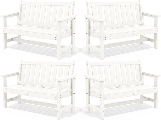 SERWALL Outdoor Bench, HDPE Outdoor Benches Weatherproof, 2-Person Garden Bench with 660 lbs Weight Capacity, Patio Benches for Outdoors, Garden, Porch, Backyard and Park, White, 4 Pack