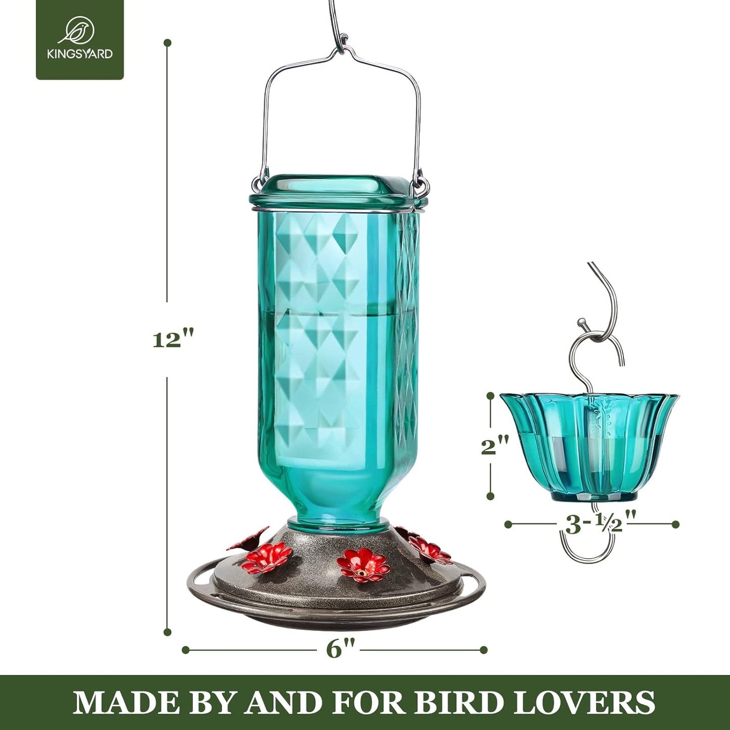 Kingsyard Glass Hummingbird Feeder for Outdoor Hanging, 24 Ounces, 6 Feeding Ports, Bird Nectar Feeder for Garden Décor, Ant Moat Included, Turquoise