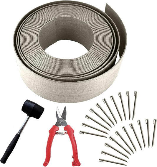 Landscape Edging Kit, Include 4 Inch High 40 Feet Length Terrace Board, 20 Durable Spikes, Edging Pruning Shear, Rubber Mallet Hammer, Gray
